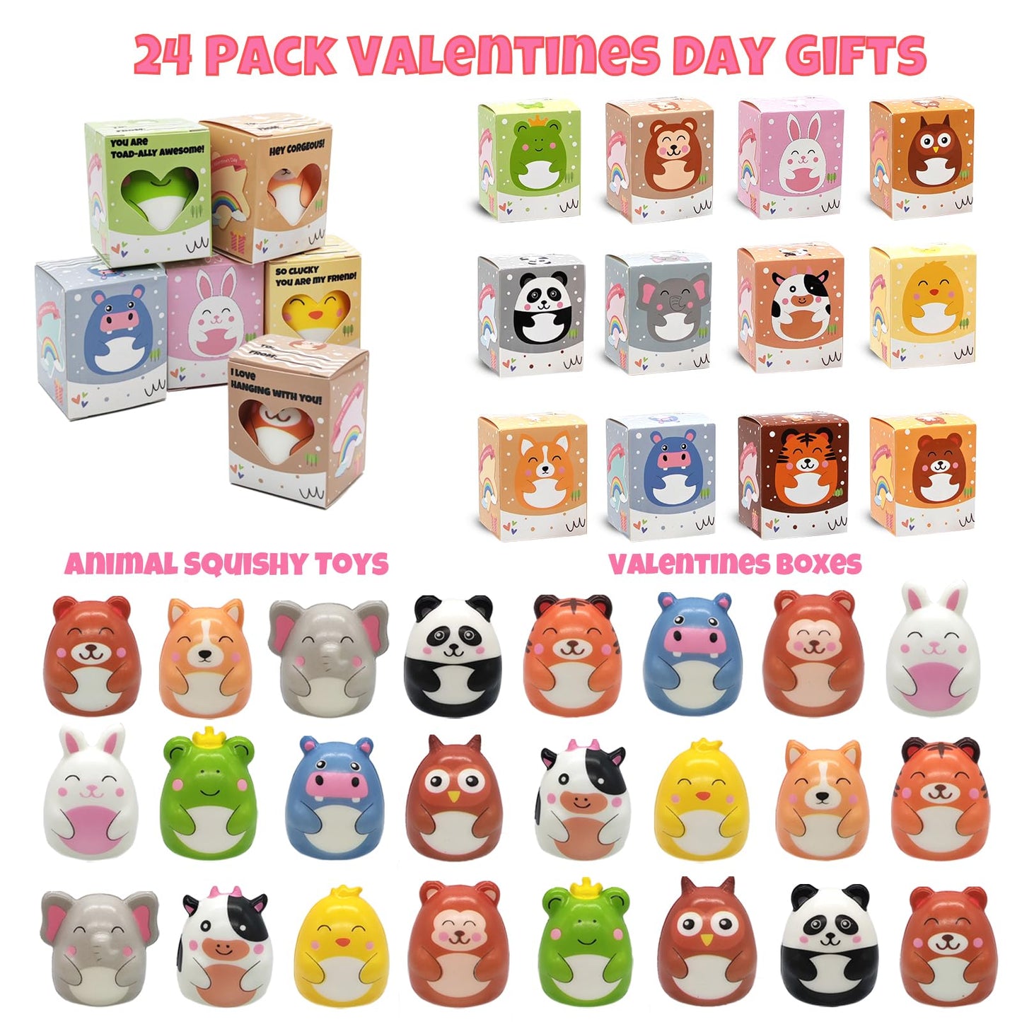 BILLMOSS Valentines Day Gifts for Kids – 24-Pack Prefilled Animal Squishy Boxes