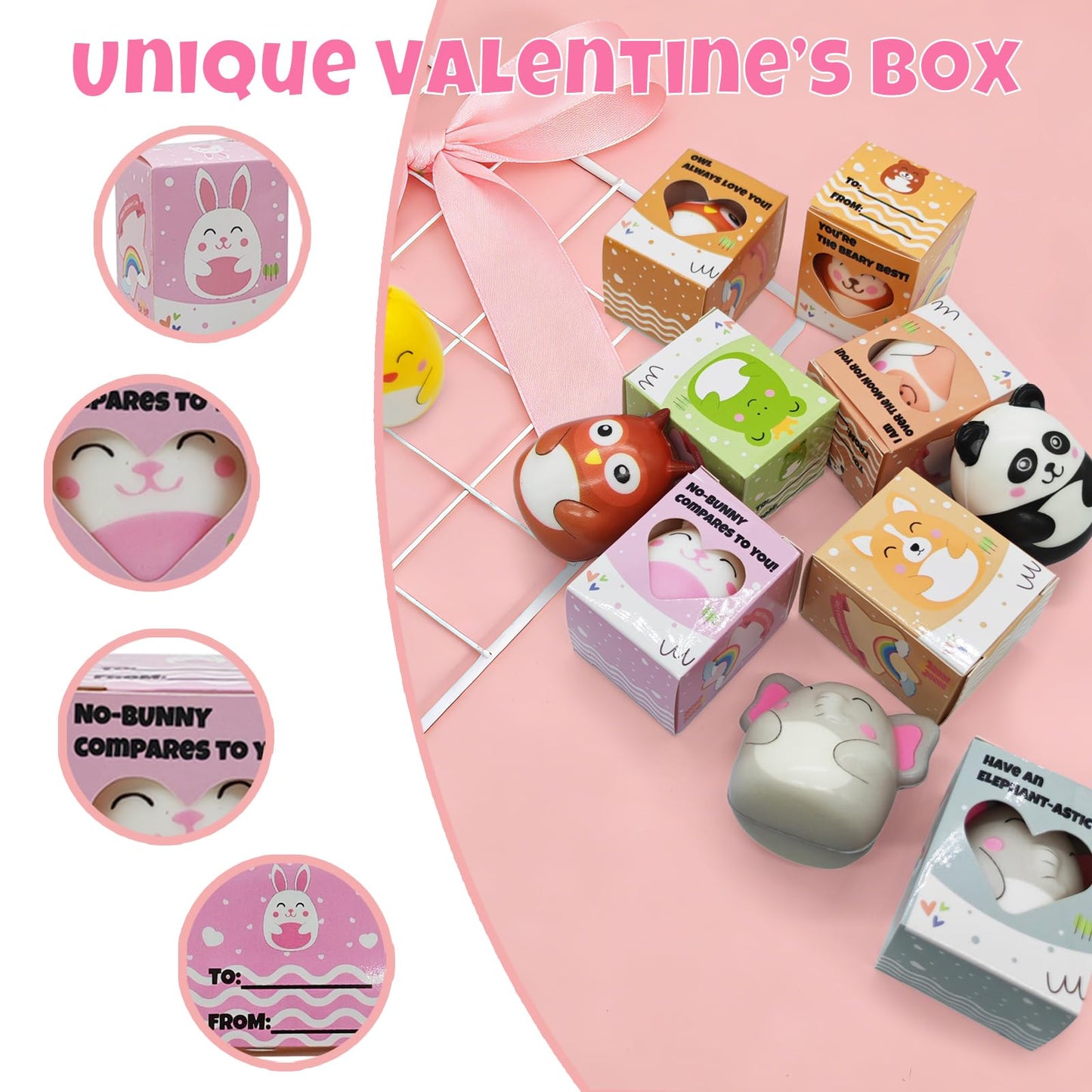BILLMOSS Valentines Day Gifts for Kids – 24-Pack Prefilled Animal Squishy Boxes
