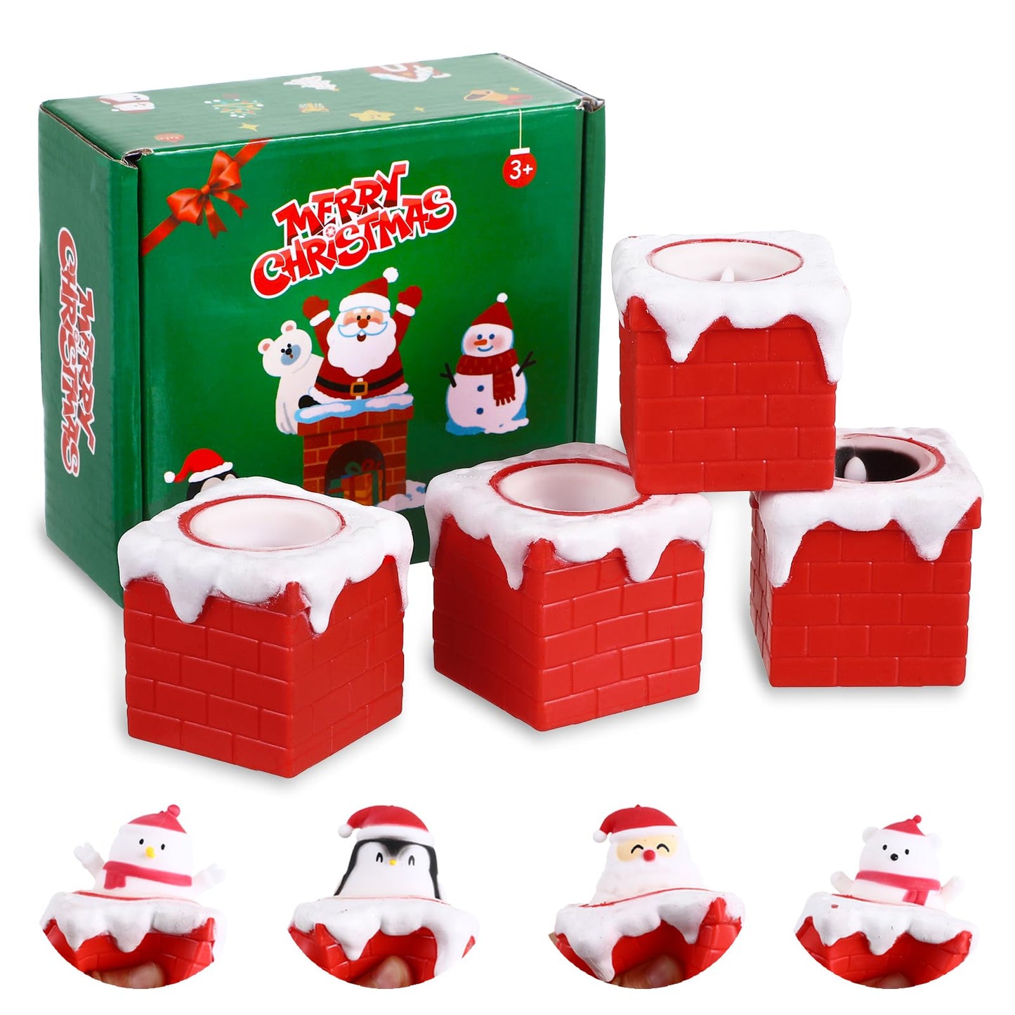 BILLMOSS 4 Pack Christmas Chimney Squishy Toys - Pop Up Heads, Stocking Stuffers & Party Favors