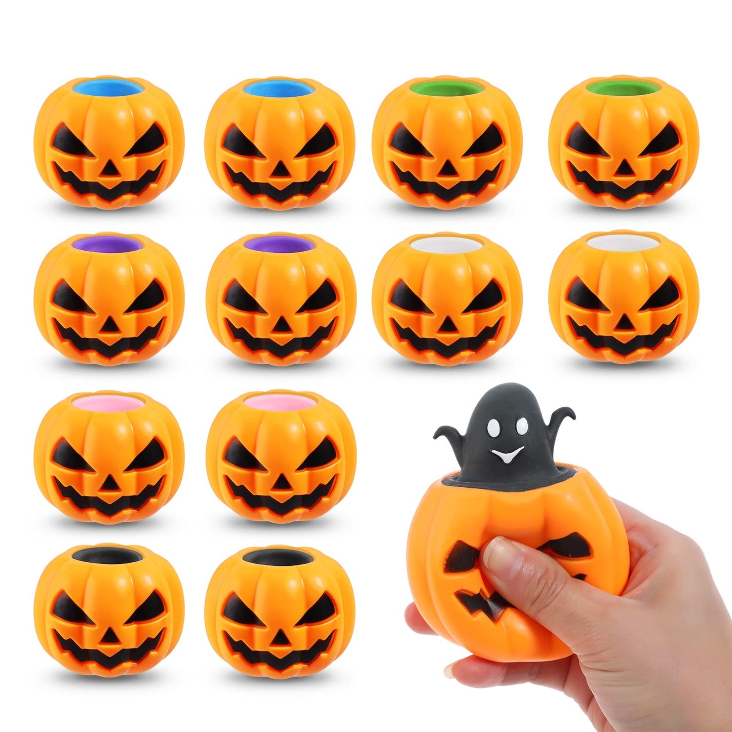 BILLMOSS Halloween Pumpkin Squishy Toys – 12-Pack Ghost Pop Favors (6 Colors) for Trick-or-Treat & Party Bags