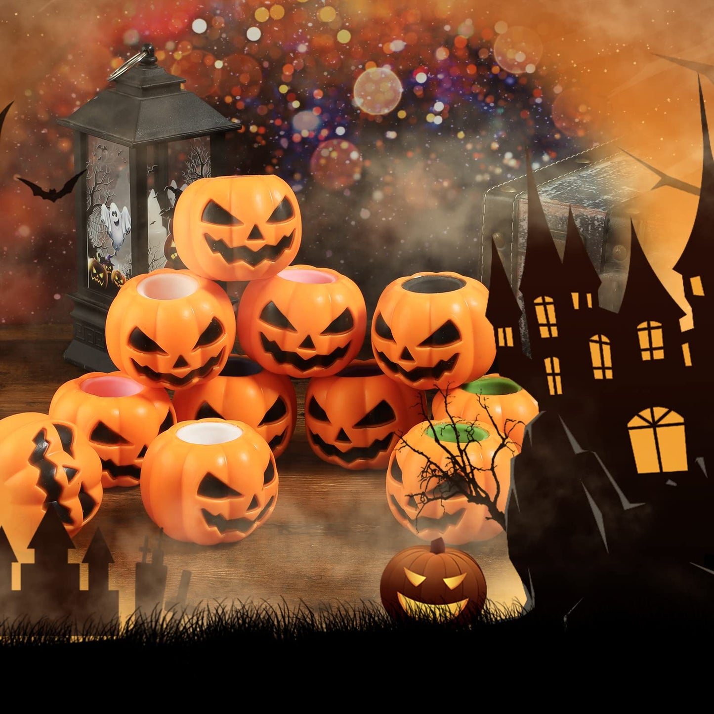 BILLMOSS Halloween Pumpkin Squishy Toys – 12-Pack Ghost Pop Favors (6 Colors) for Trick-or-Treat & Party Bags