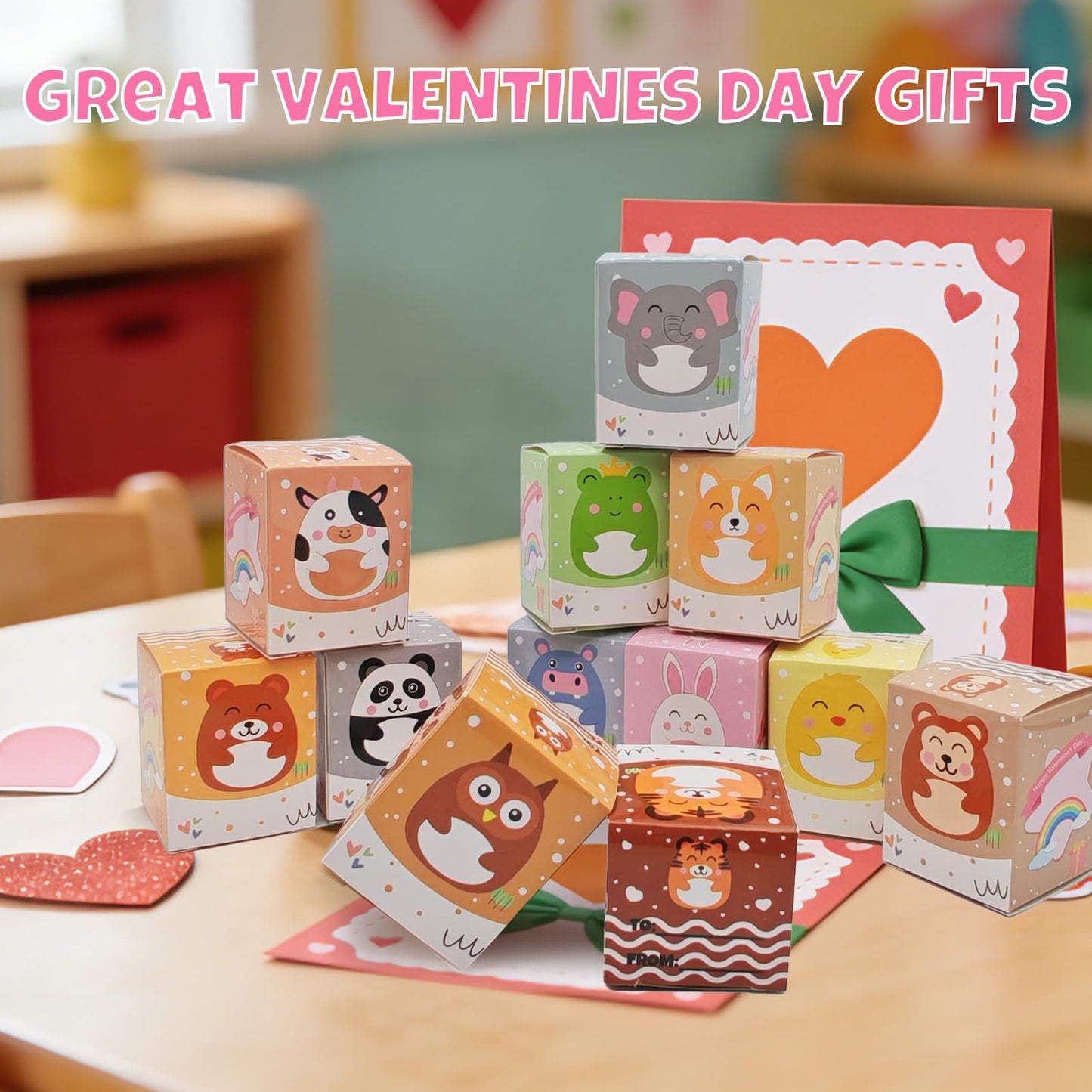 BILLMOSS Valentines Day Gifts for Kids – 24-Pack Prefilled Animal Squishy Boxes