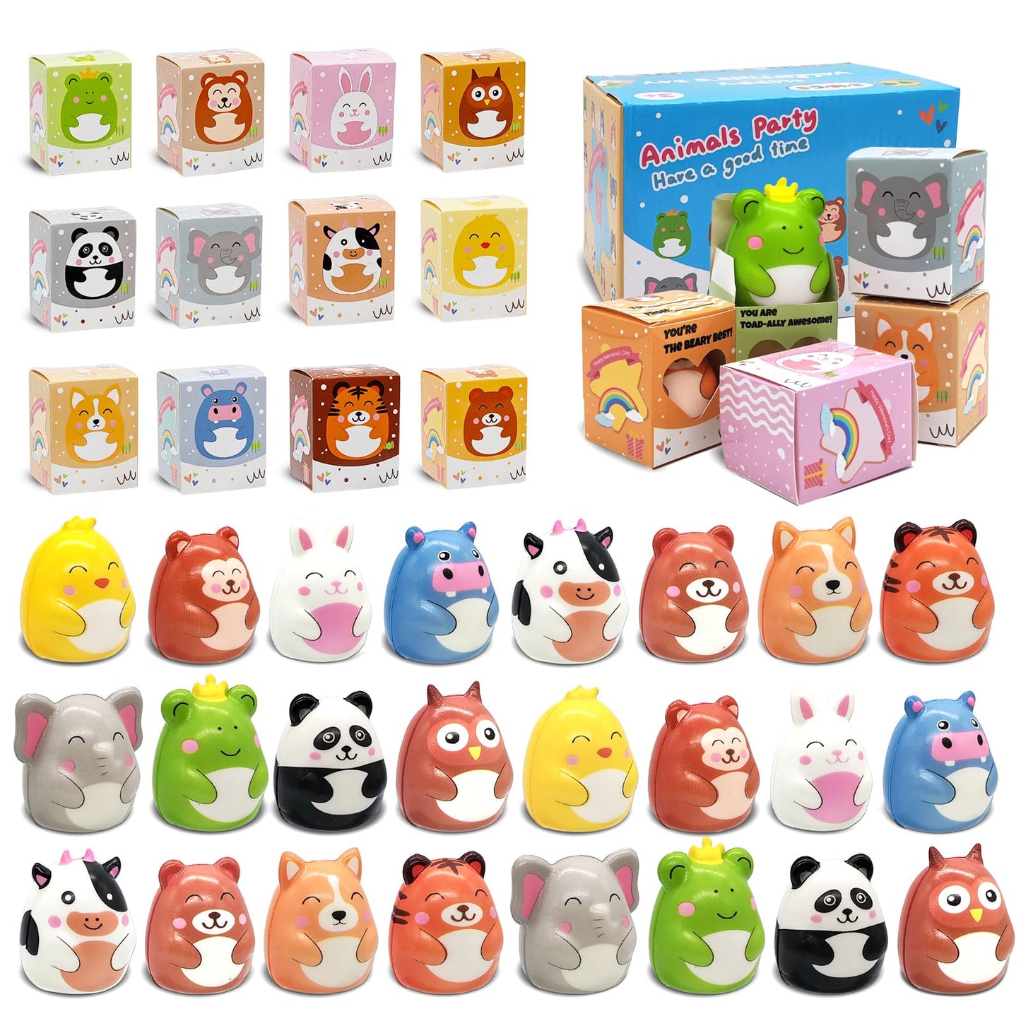 BILLMOSS Valentines Day Gifts for Kids – 24-Pack Prefilled Animal Squishy Boxes