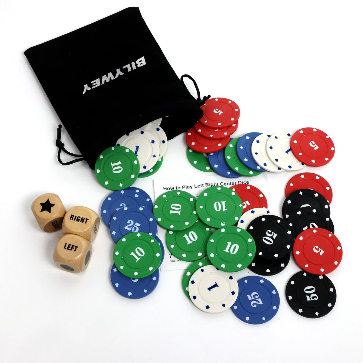 Bilywey Left Right Center Dice Game Set – 3 Wood Dice + 50 Color Poker Chips in Tin