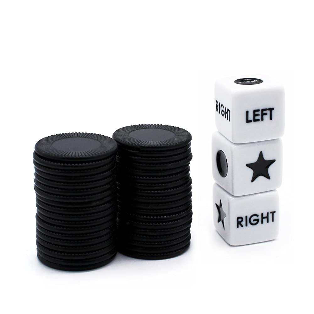 Bilywey Left Right Center Dice Game Set - 3 Dice + 36 Black Chips (Metal Tin)