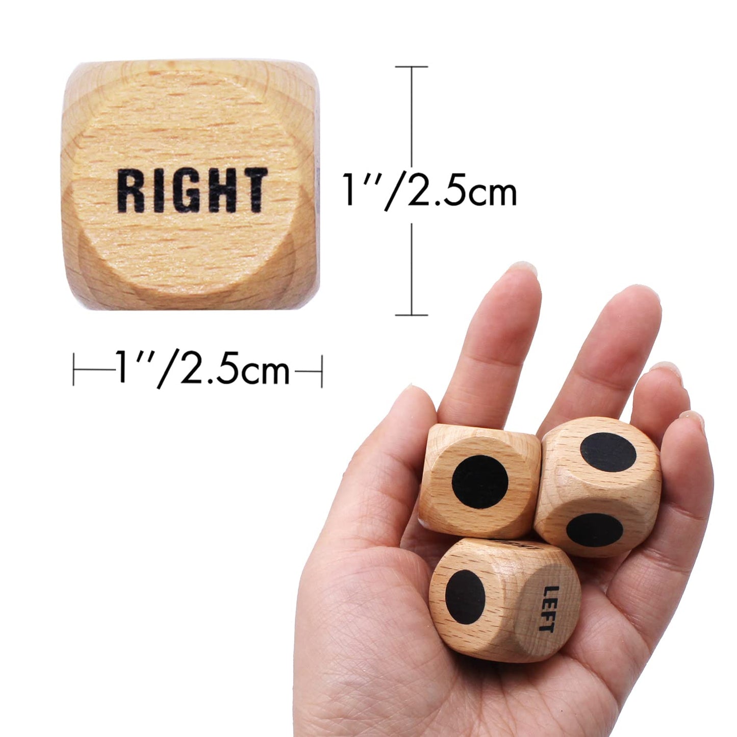 Bilywey 3pcs Left Right Center Dice Set – 1 inch Beech Wood with Drawstring Bag
