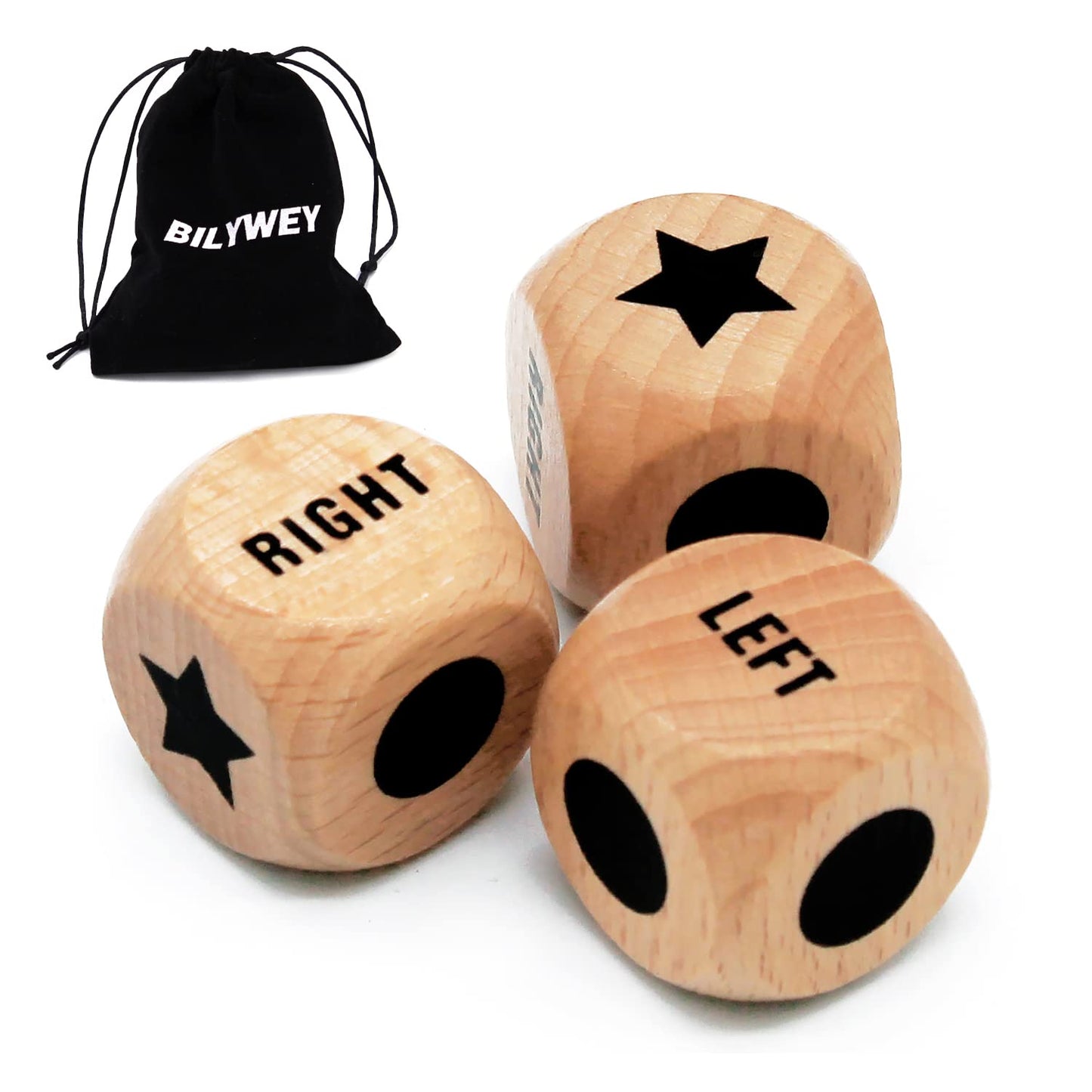 Bilywey 3pcs Left Right Center Dice Set – 1 inch Beech Wood with Drawstring Bag