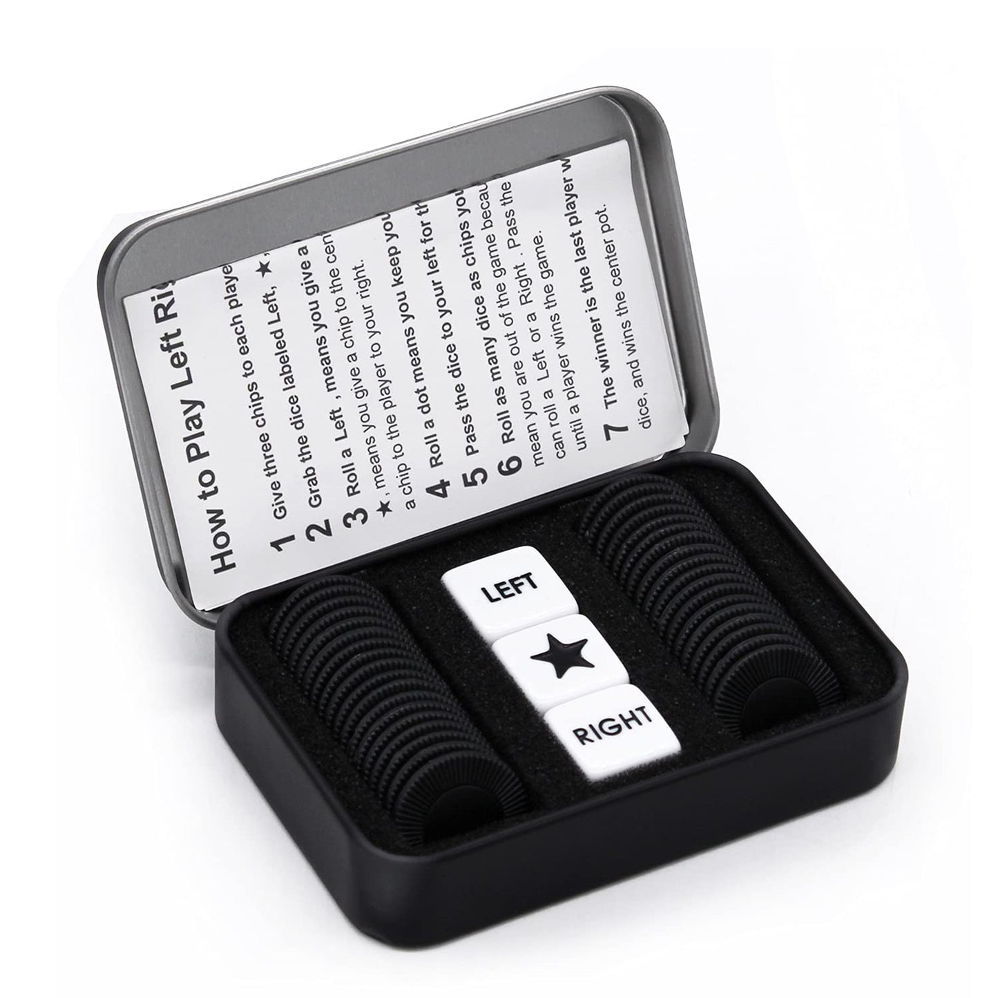 Bilywey Left Right Center Dice Game Set - 3 Dice + 36 Black Chips (Metal Tin)