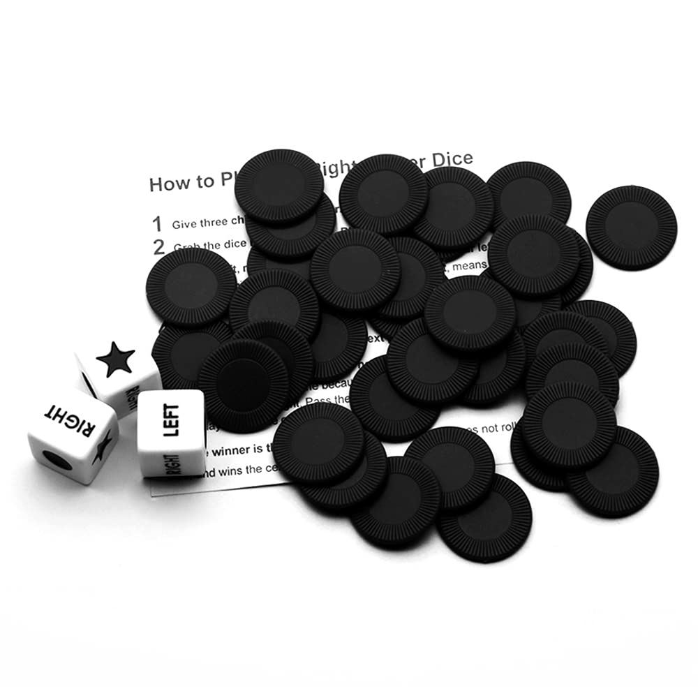 Bilywey Left Right Center Dice Game Set - 3 Dice + 36 Black Chips (Metal Tin)