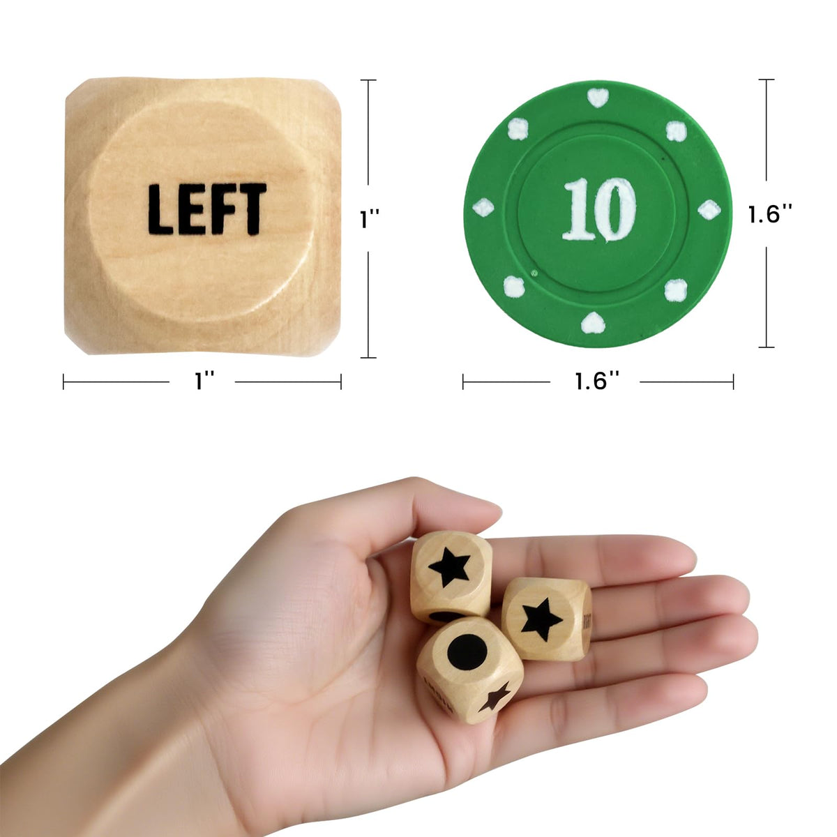 Bilywey Left Right Center Dice Game Set – 3 Wood Dice + 50 Color Poker Chips in Tin