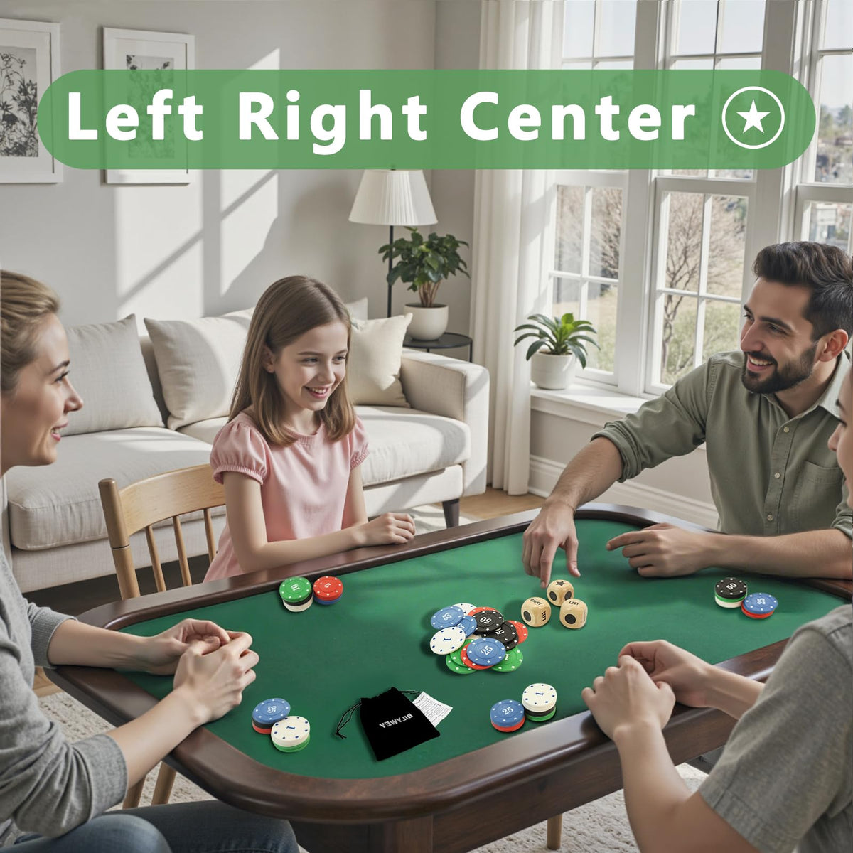 Bilywey Left Right Center Dice Game Set – 3 Wood Dice + 50 Color Poker Chips in Tin