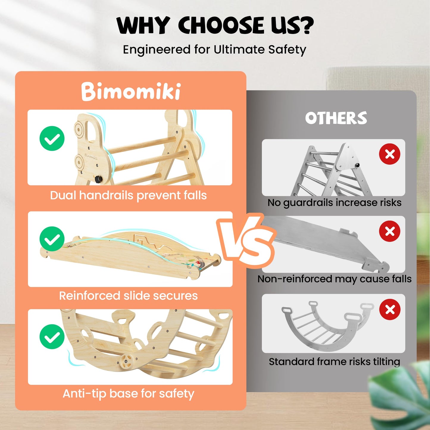 Bimomiki Pikler Triangle Climbing Set with Cushion - 10-in-1 Montessori Indoor Climber (Woodland Cabin)