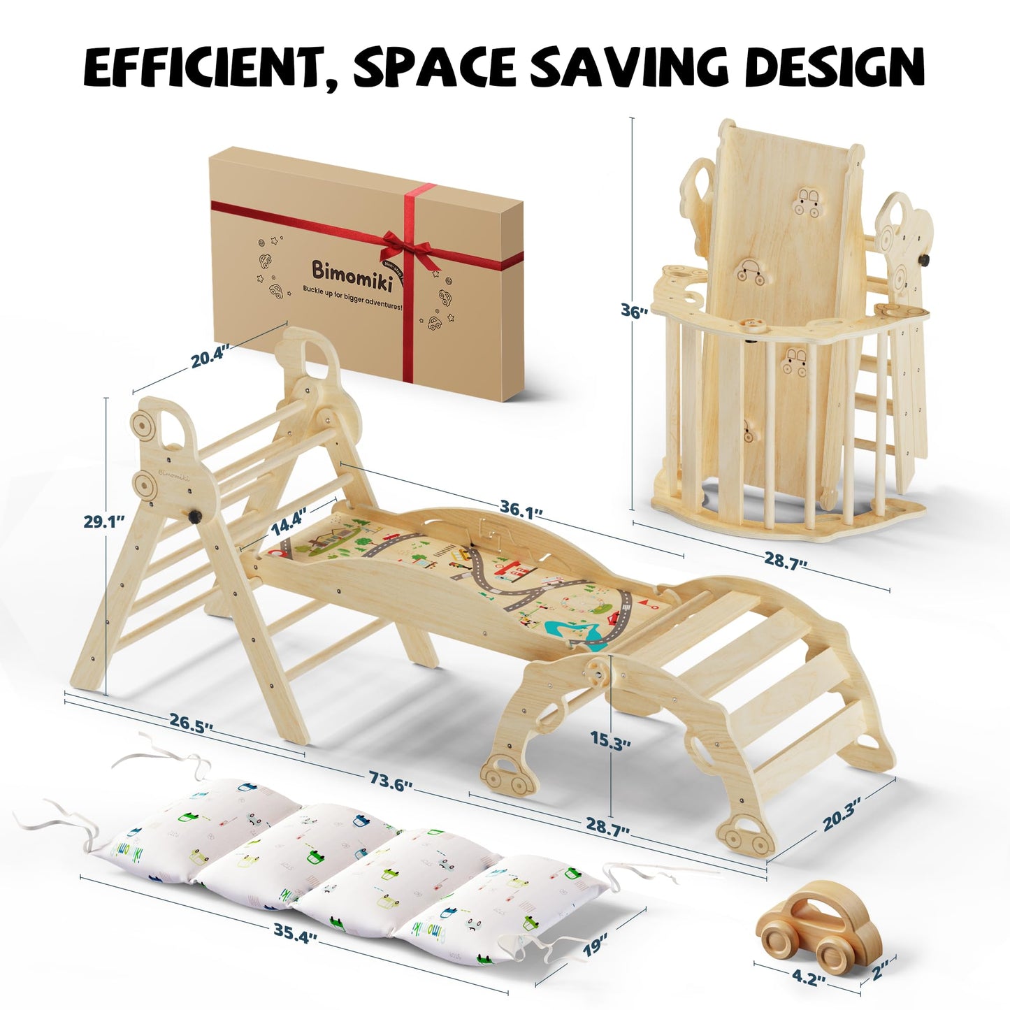 Bimomiki Pikler Triangle Climbing Set with Cushion - 10-in-1 Montessori Indoor Climber (Woodland Cabin)
