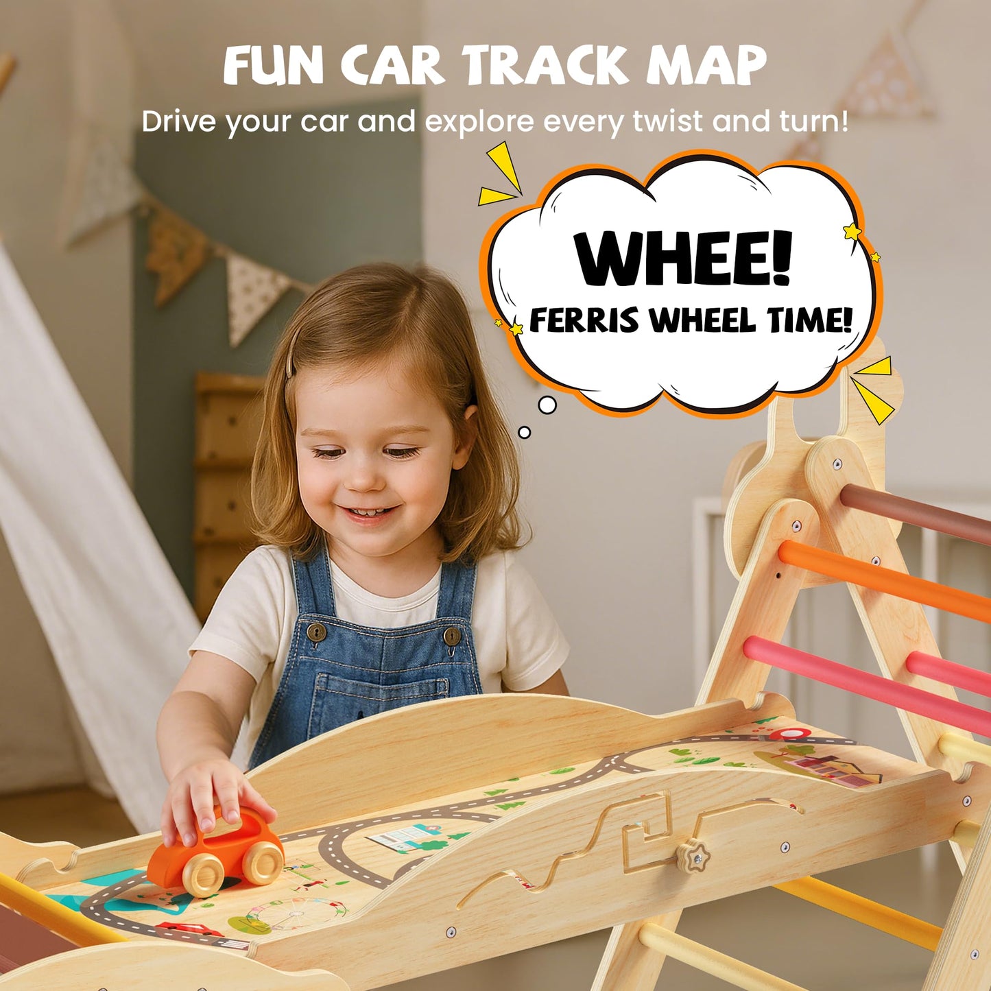 Bimomiki Pikler Triangle 10-in-1 Climber with Cushion | Foldable Indoor Montessori Toy (Sahara Sunset)