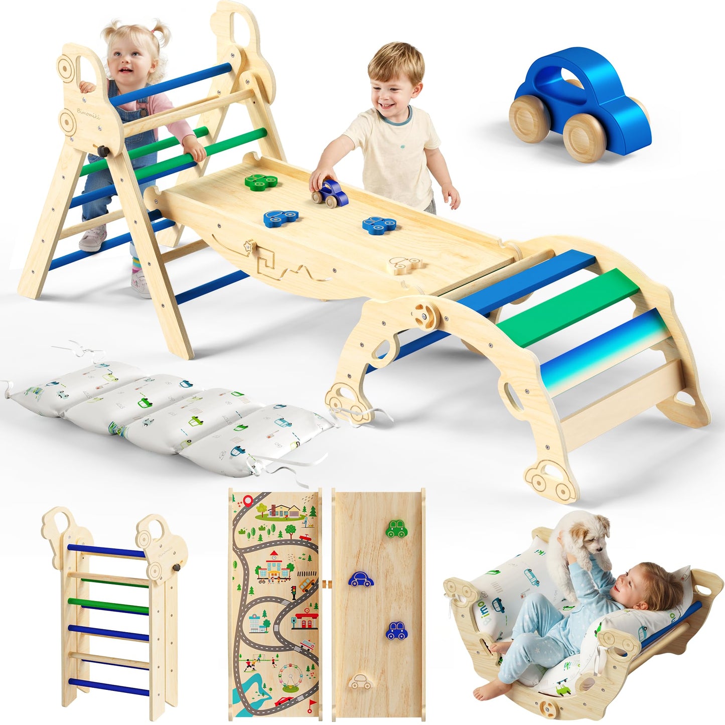 Bimomiki Pikler Triangle Climbing Set with Cushion – 10-in-1 Montessori Indoor Play Gym (Glacier Lake)