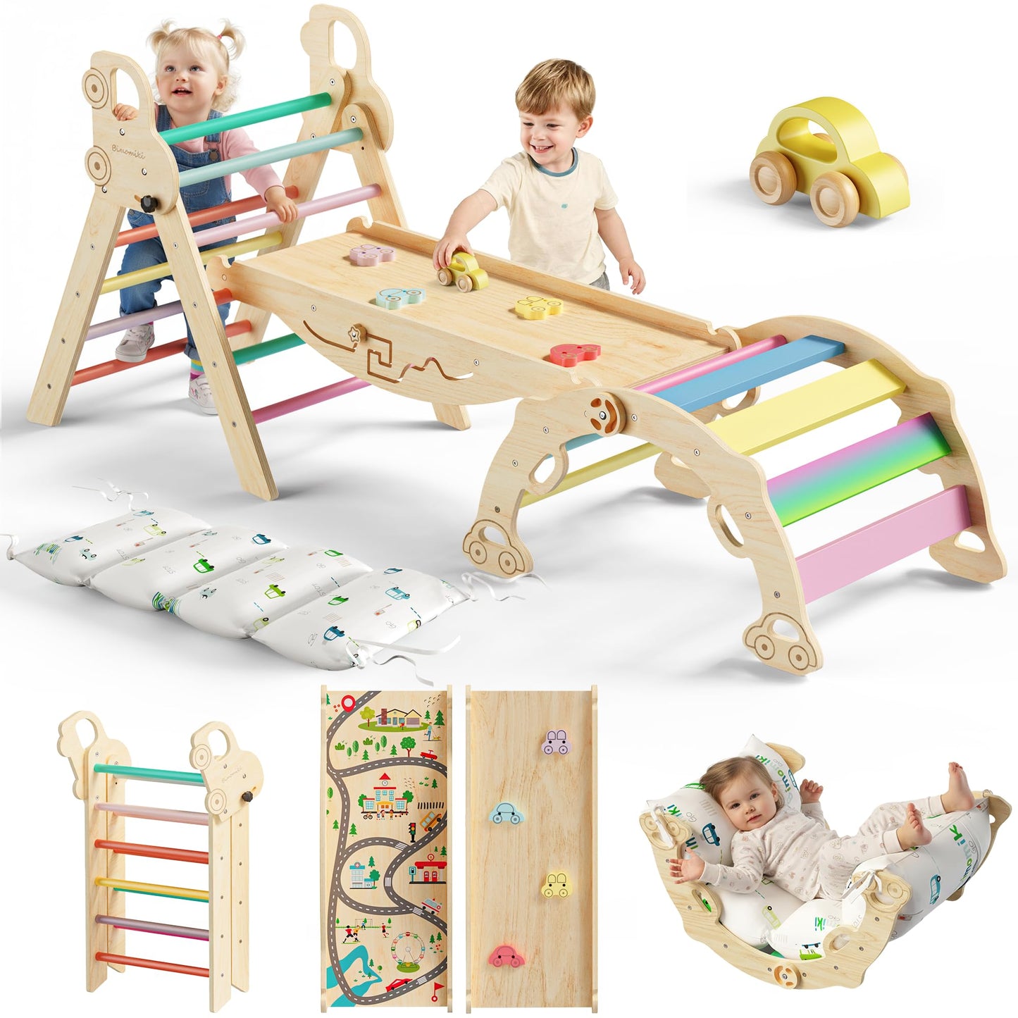 Bimomiki Pikler Triangle Climbing Set with Cushion | 10-in-1 Indoor Montessori Gym – Rainbow Valley