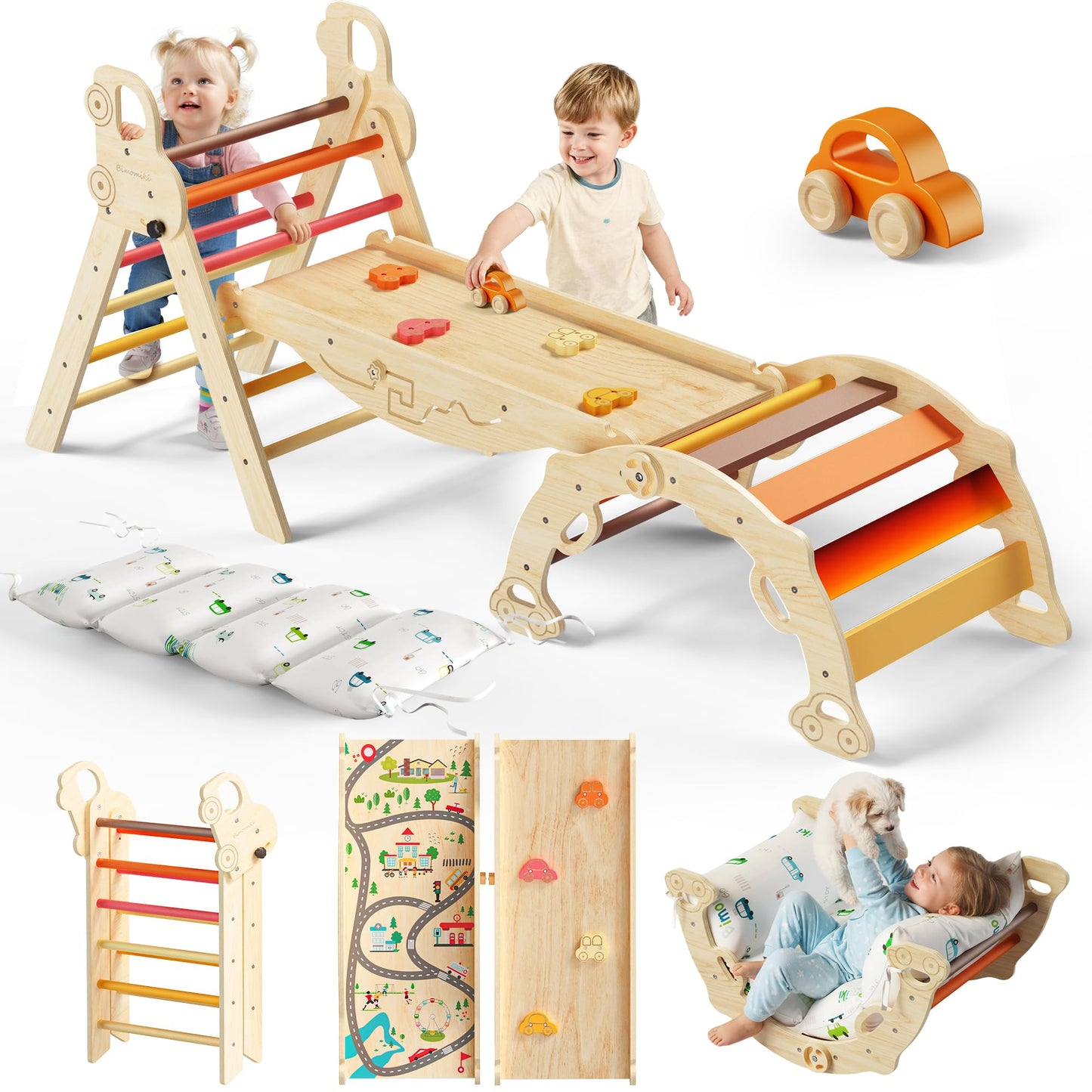 Bimomiki Pikler Triangle 10-in-1 Climber with Cushion | Foldable Indoor Montessori Toy (Sahara Sunset)
