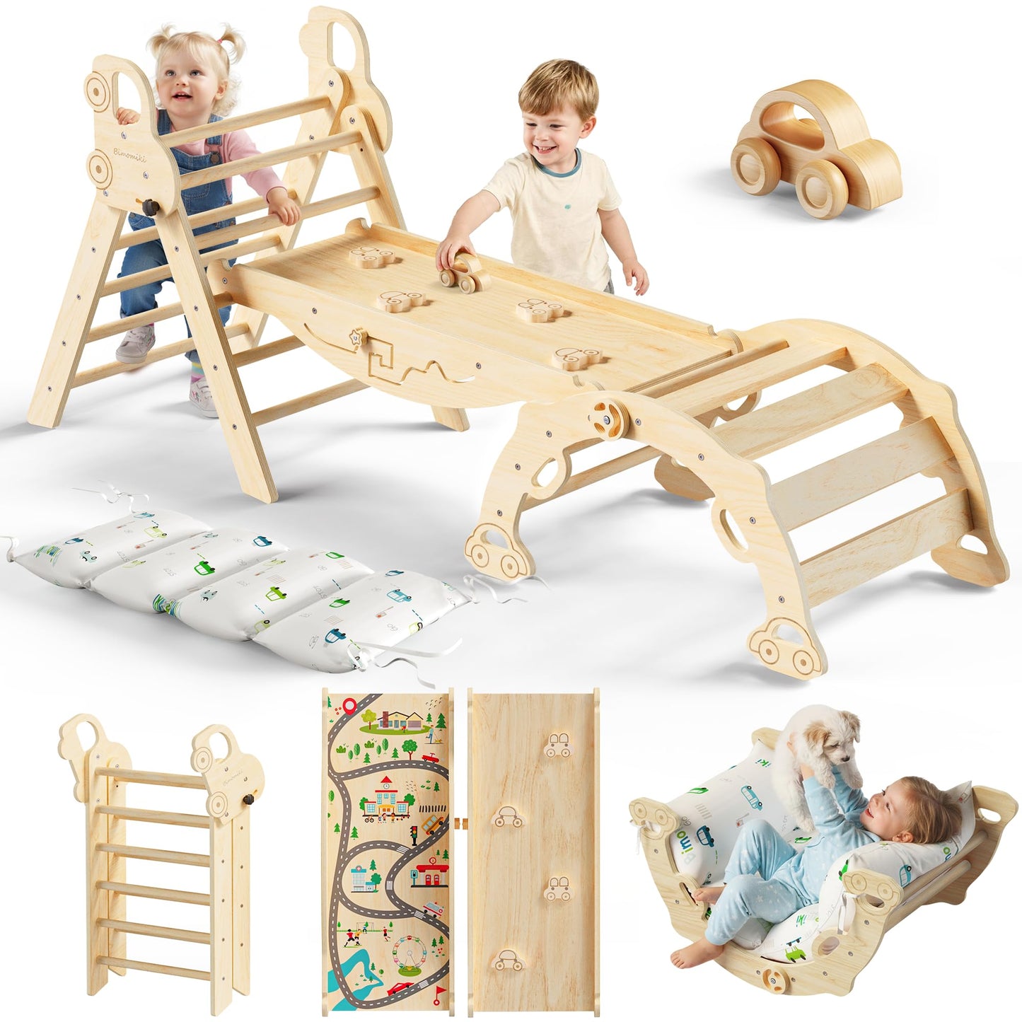 Bimomiki Pikler Triangle Climbing Set with Cushion - 10-in-1 Montessori Indoor Climber (Woodland Cabin)