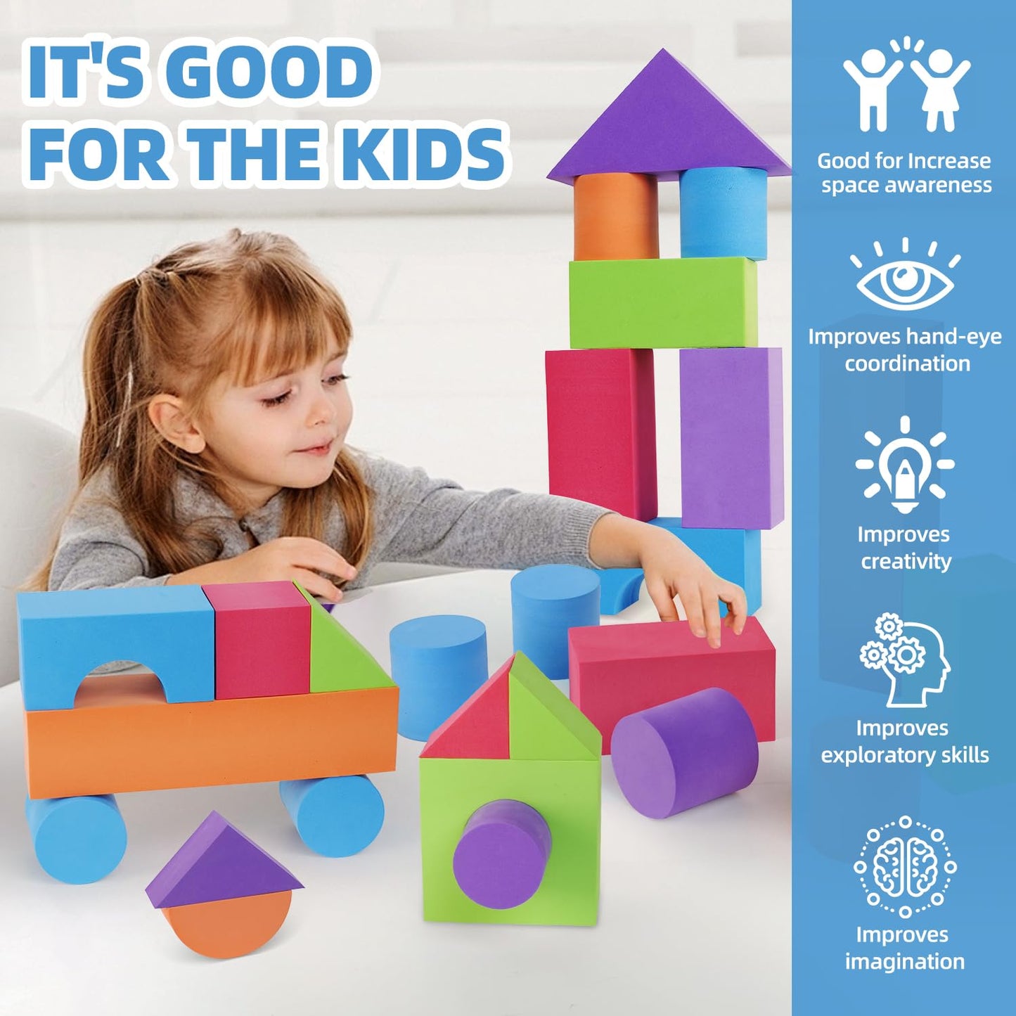 Bingyouth Large Building Foam Blocks – 30-Piece Non-Toxic EVA Toy Set for Toddlers (Blue)