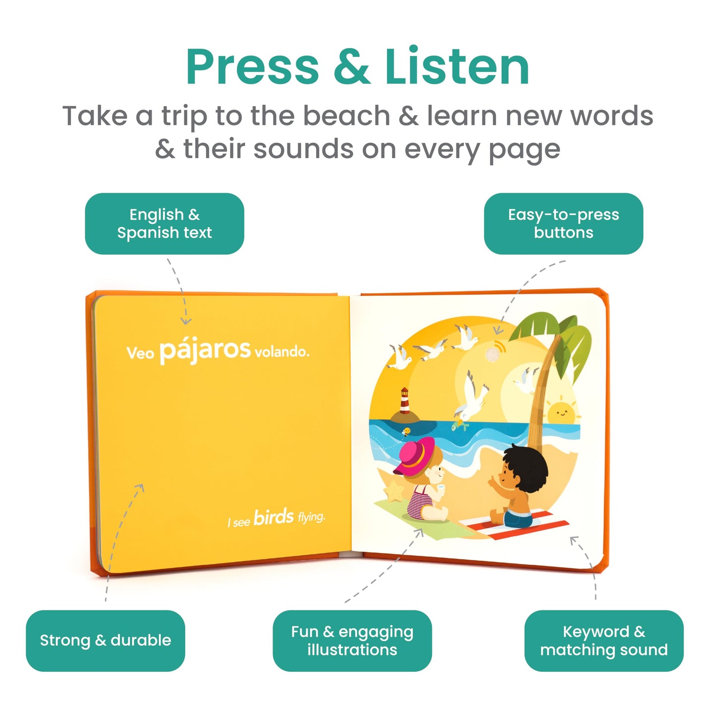 Binibi Beach Interactive Bilingual Sound Book for Babies & Toddlers (Spanish & English)