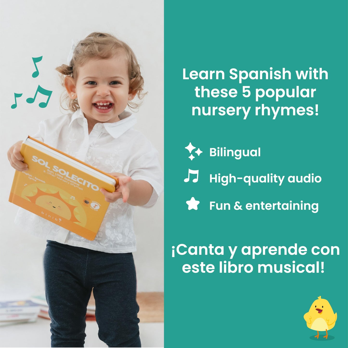 Binibi Spanish Musical Book for Toddlers: Sol Solecito & Other Nursery Rhymes | Bilingual Sound Book