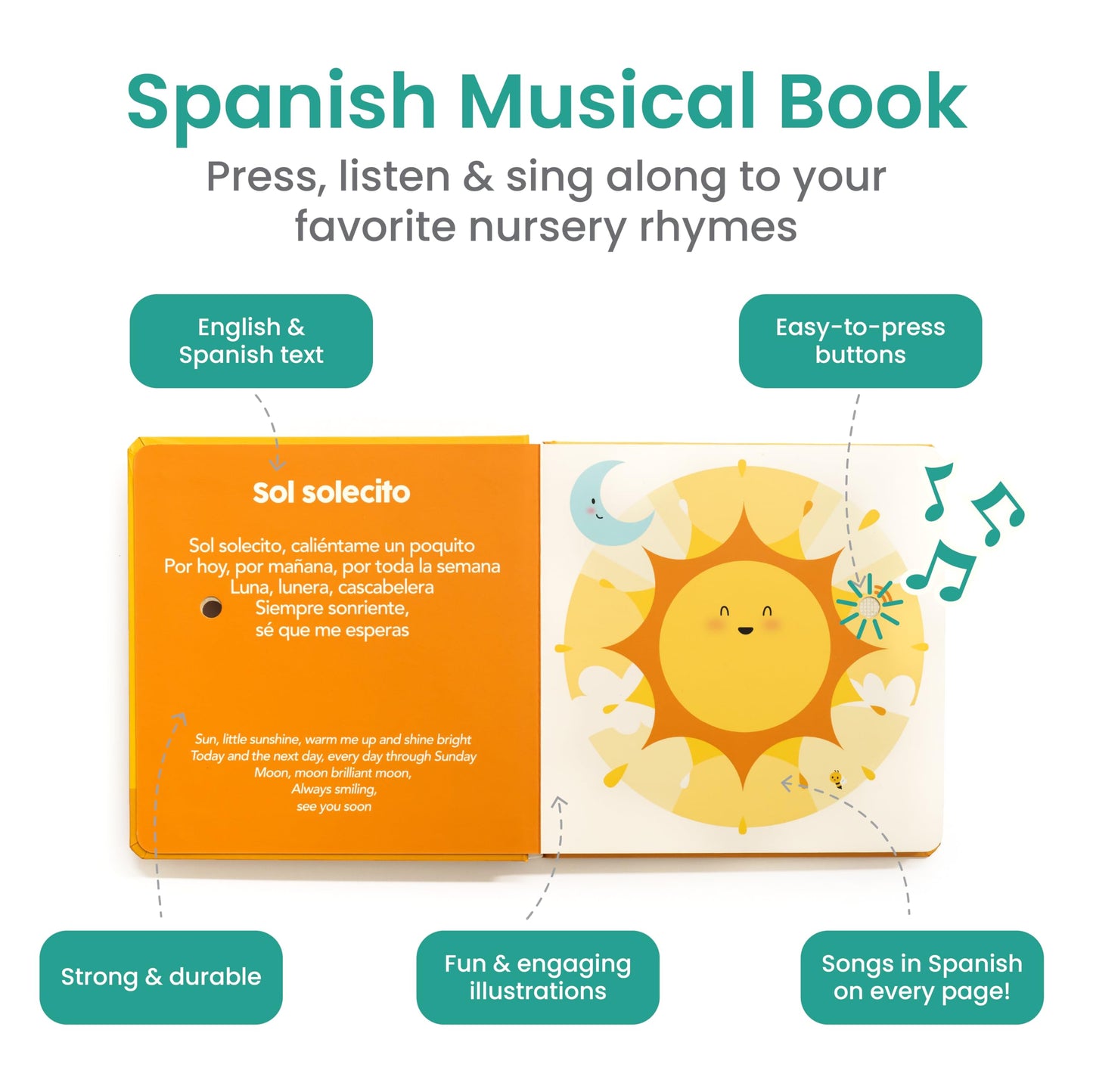 Binibi Spanish Musical Book for Toddlers: Sol Solecito & Other Nursery Rhymes | Bilingual Sound Book