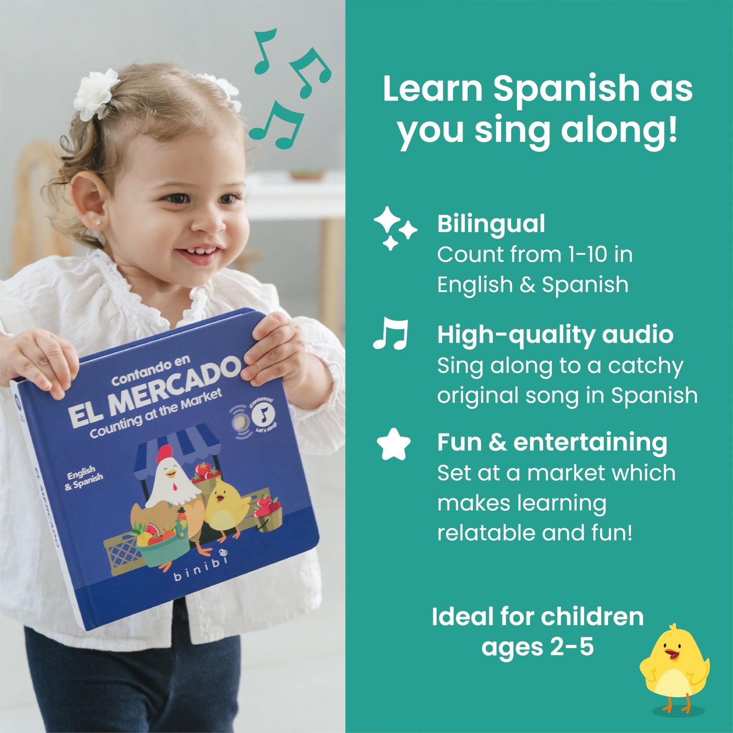 Binibi Spanish Musical Book – Counting at The Market | Bilingual Book for Babies & Toddlers