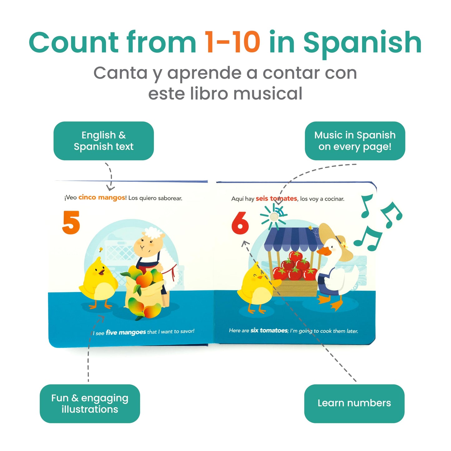 Binibi Spanish Musical Book – Counting at The Market | Bilingual Book for Babies & Toddlers