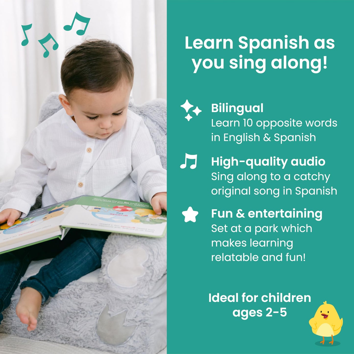 Binibi Spanish Musical Book for Babies & Toddlers 1-3 | Opposites in the Park | Bilingual Sound Book
