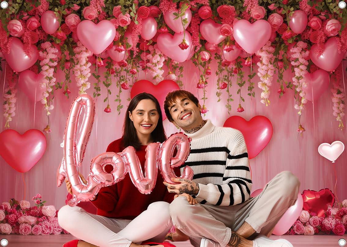 BINQOO Sweet Valentines Day Backdrop – Pink Heart Photo Background, 8x6FT Vinyl
