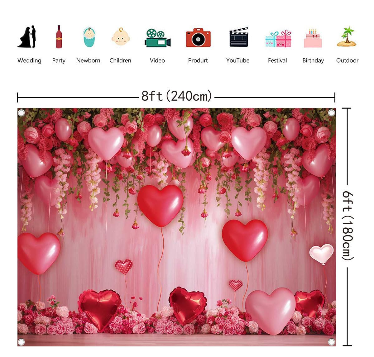 BINQOO Sweet Valentines Day Backdrop – Pink Heart Photo Background, 8x6FT Vinyl
