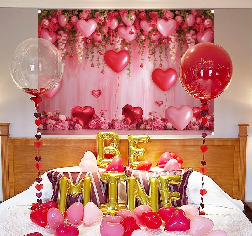 BINQOO Sweet Valentines Day Backdrop – Pink Heart Photo Background, 8x6FT Vinyl