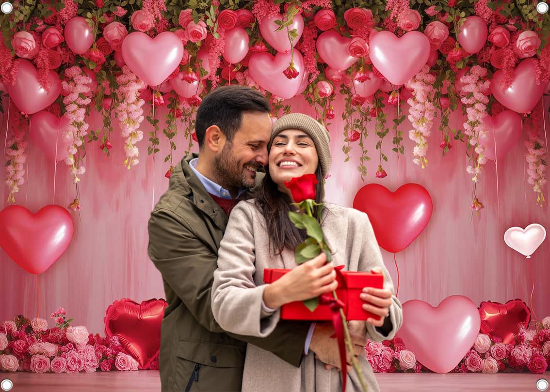 BINQOO Sweet Valentines Day Backdrop – Pink Heart Photo Background, 8x6FT Vinyl