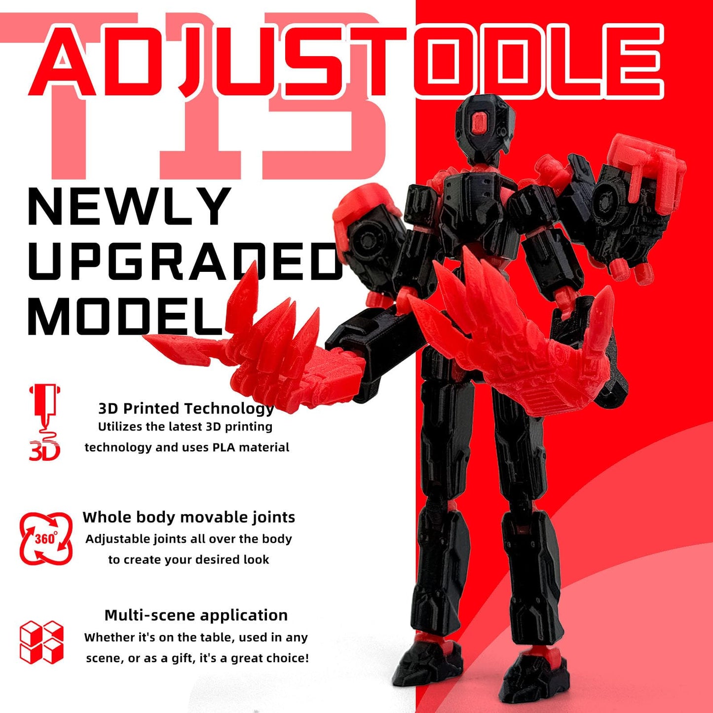 Binvin 8-Inch T13 Assembly Completed Action Figure – 3D Printed Nova 13, Multi-Jointed, Black & Red