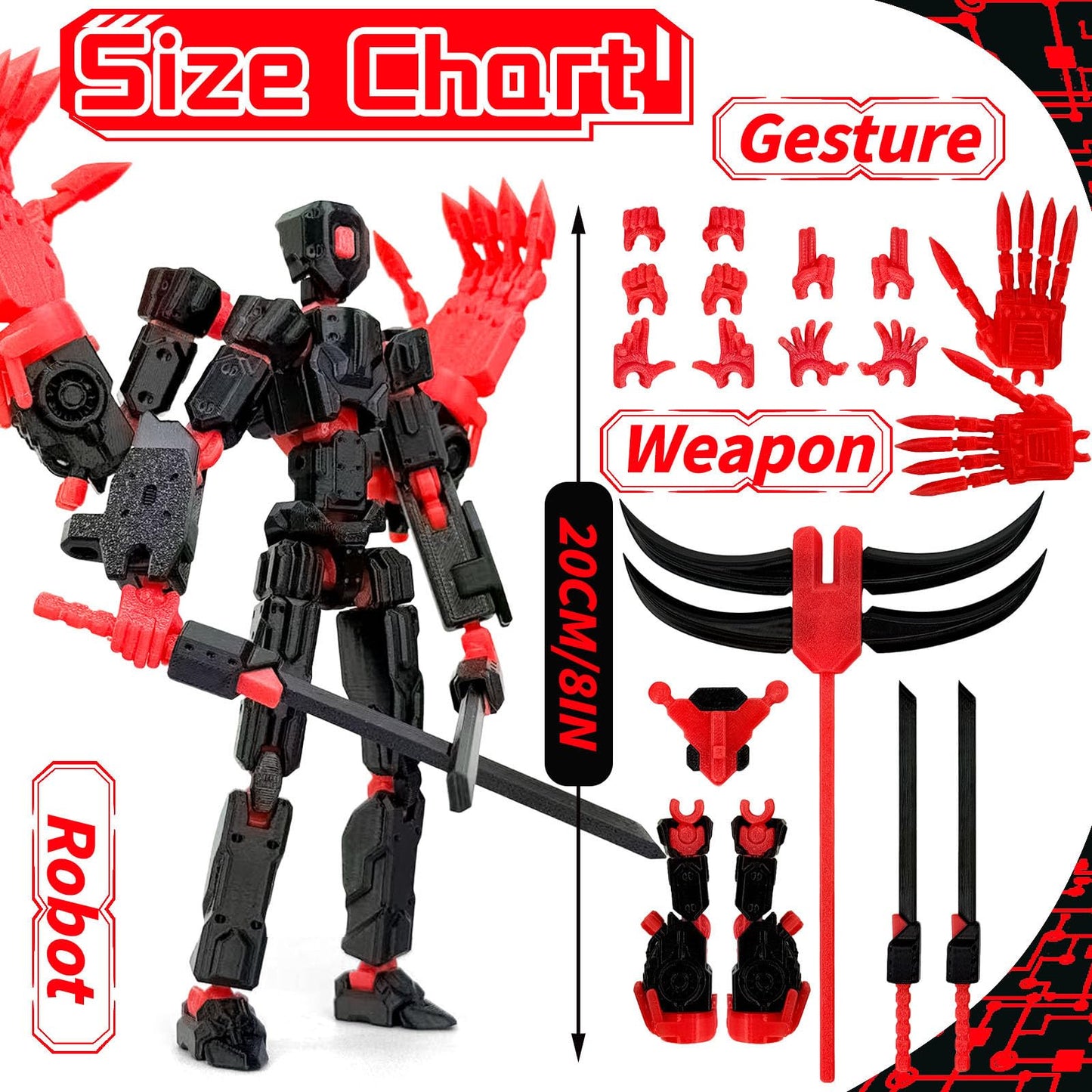 Binvin 8-Inch T13 Assembly Completed Action Figure – 3D Printed Nova 13, Multi-Jointed, Black & Red