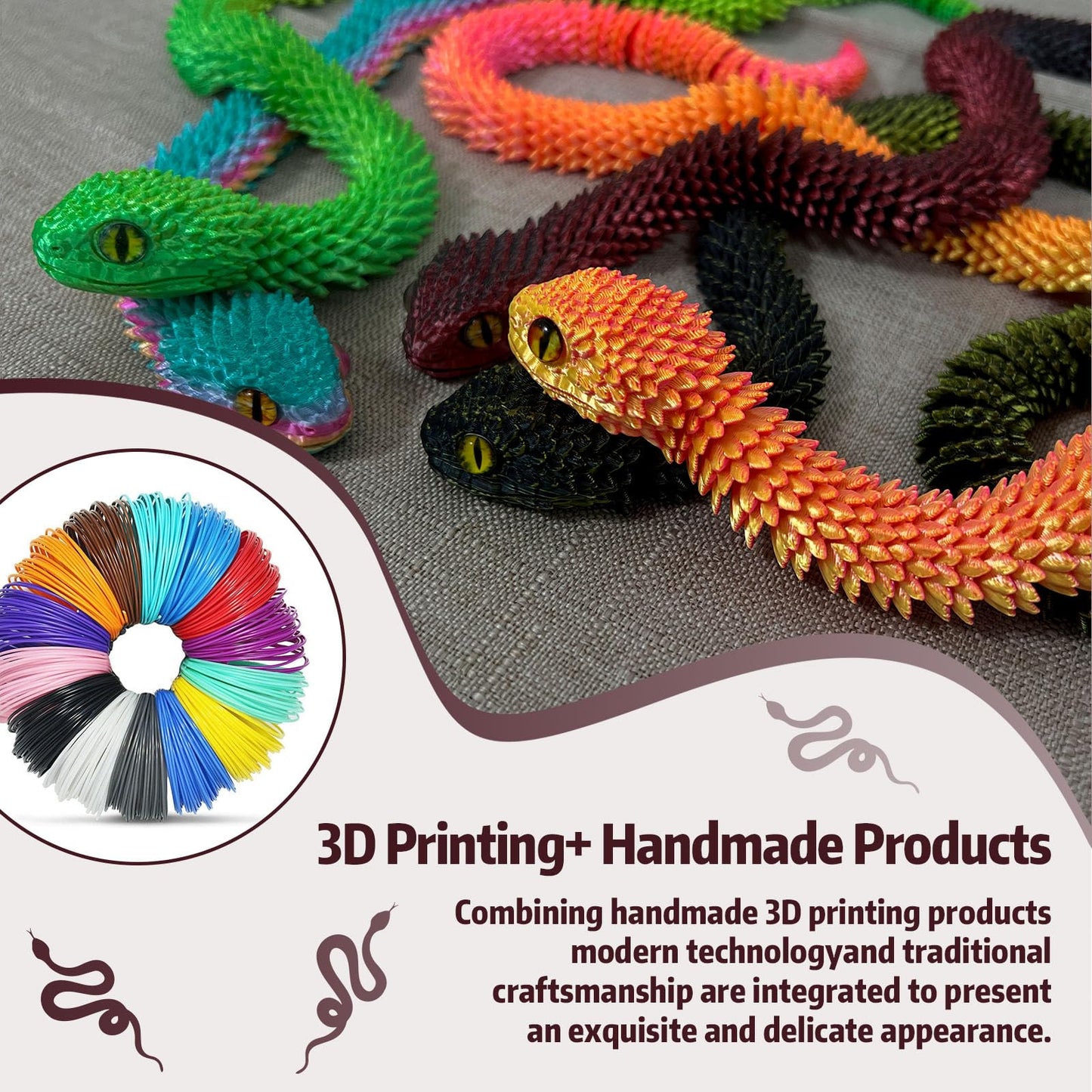 Binvin 20.2 Inch Articulated Viper – 3D Printed Snake Toy for Desk Decor