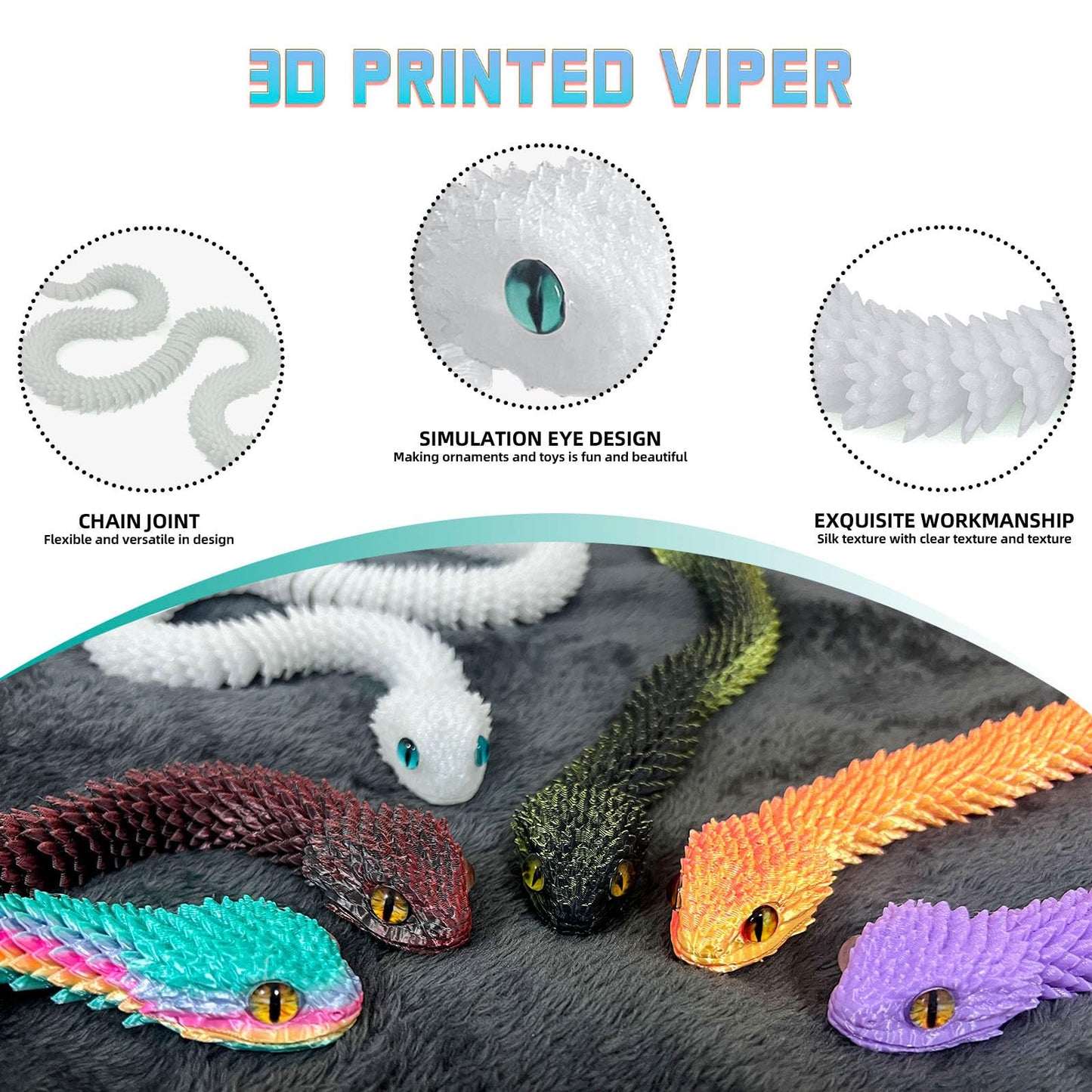 Binvin 20.2 Inch Articulated Viper – 3D Printed Snake Toy for Desk Decor