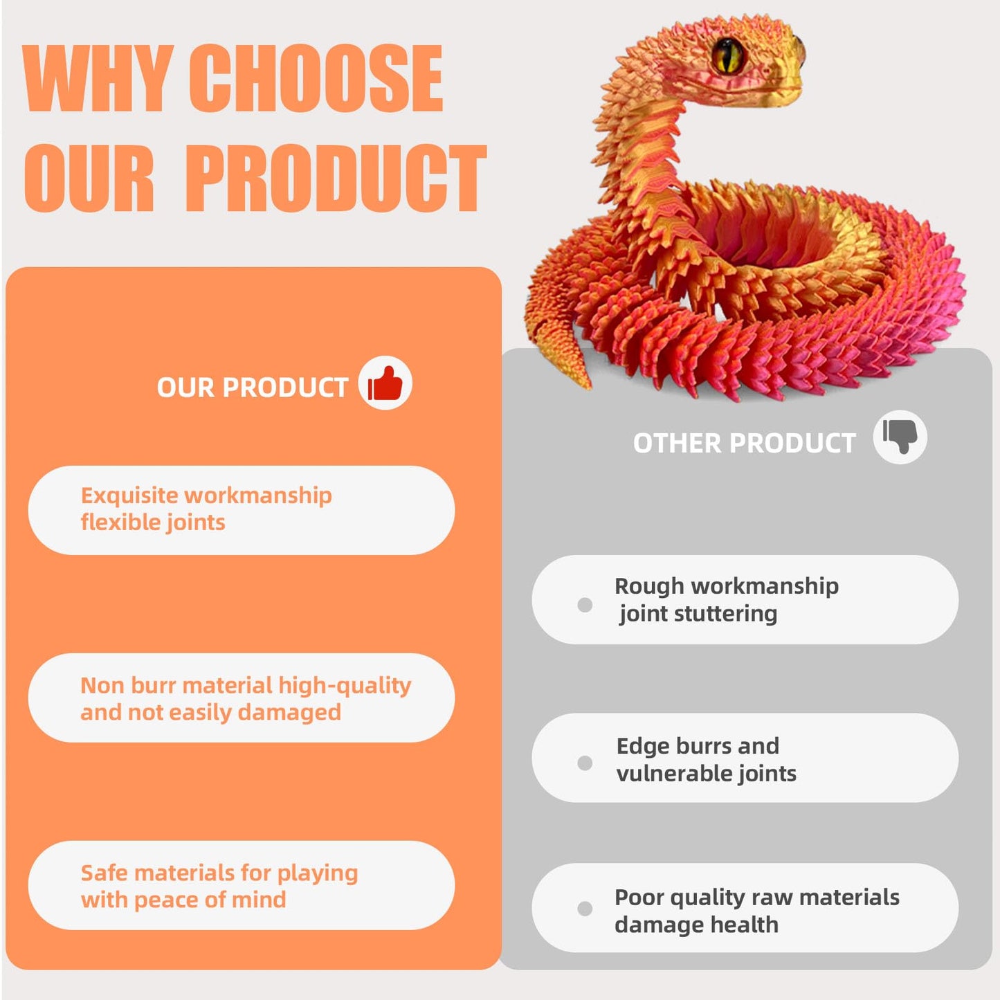 Binvin 20.2 Inch Articulated Viper – 3D Printed Snake Toy for Desk Decor