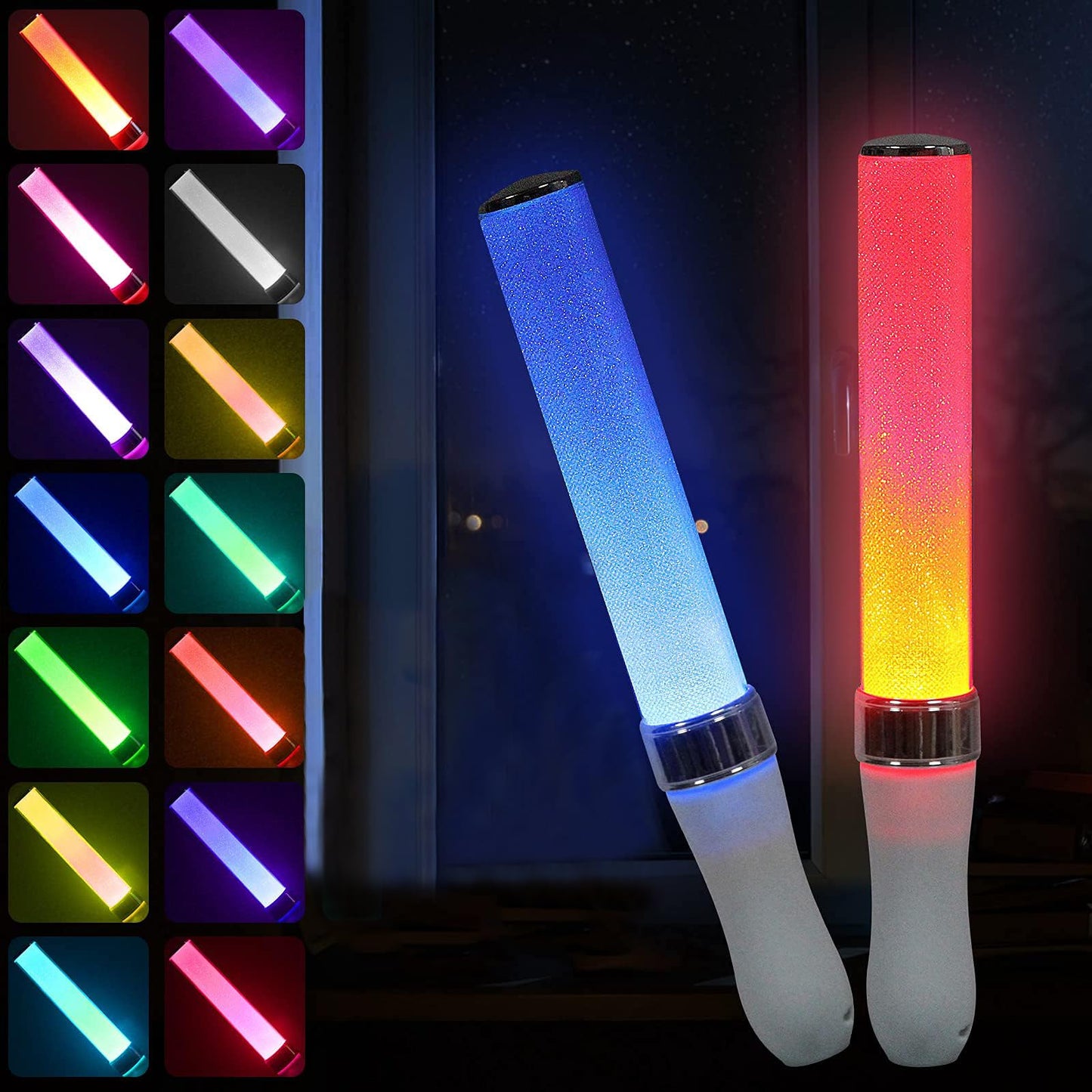 BINWO Reusable LED Glow Sticks (2-Pack) – 15 Colors, Manual & Auto Modes
