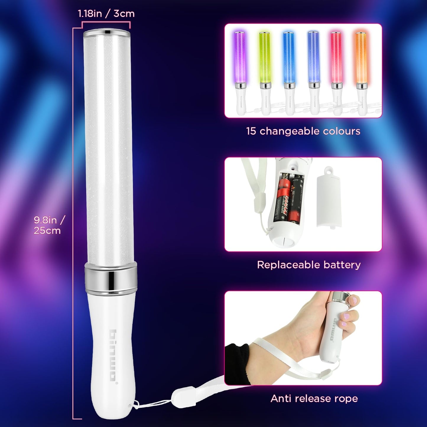 BINWO Reusable LED Glow Sticks (2-Pack) – 15 Colors, Manual & Auto Modes