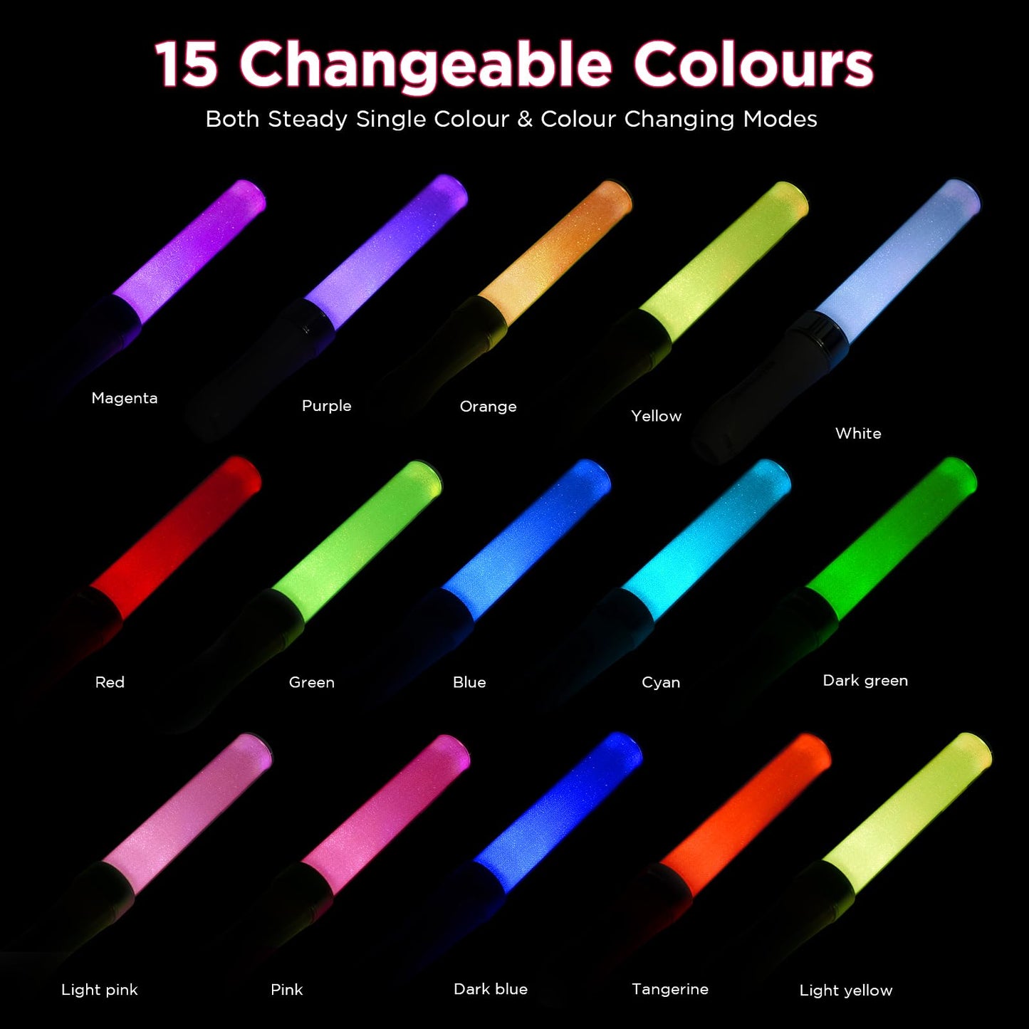 BINWO Reusable LED Glow Sticks (2-Pack) – 15 Colors, Manual & Auto Modes
