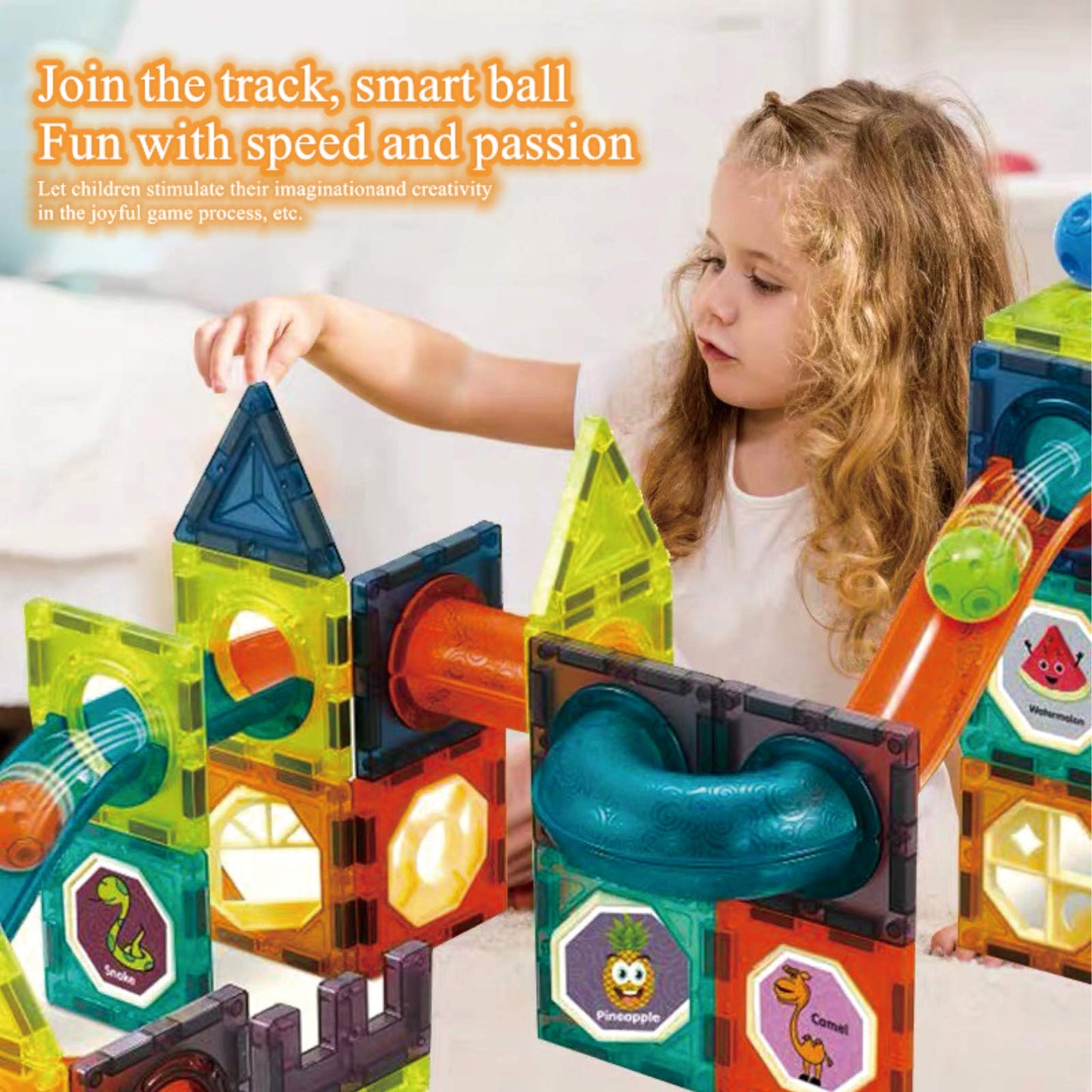 BINZKBB Light Magnetic Tiles 110-Piece STEM Building Toy for Kids | Glow-in-the-Dark Marble Run