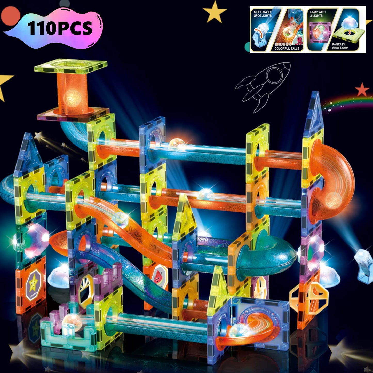 BINZKBB Light Magnetic Tiles 110-Piece STEM Building Toy for Kids | Glow-in-the-Dark Marble Run