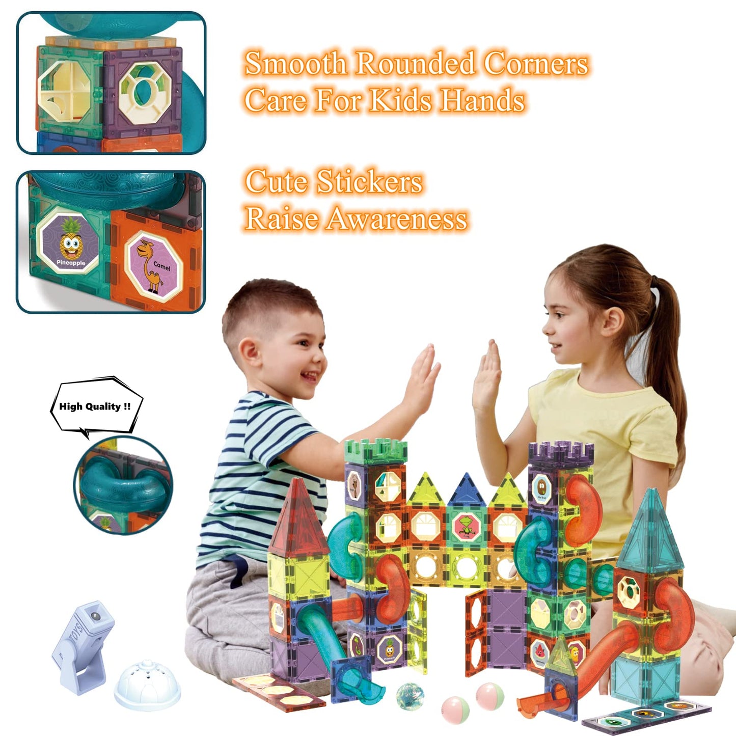 BINZKBB Light Magnetic Tiles 110-Piece STEM Building Toy for Kids | Glow-in-the-Dark Marble Run