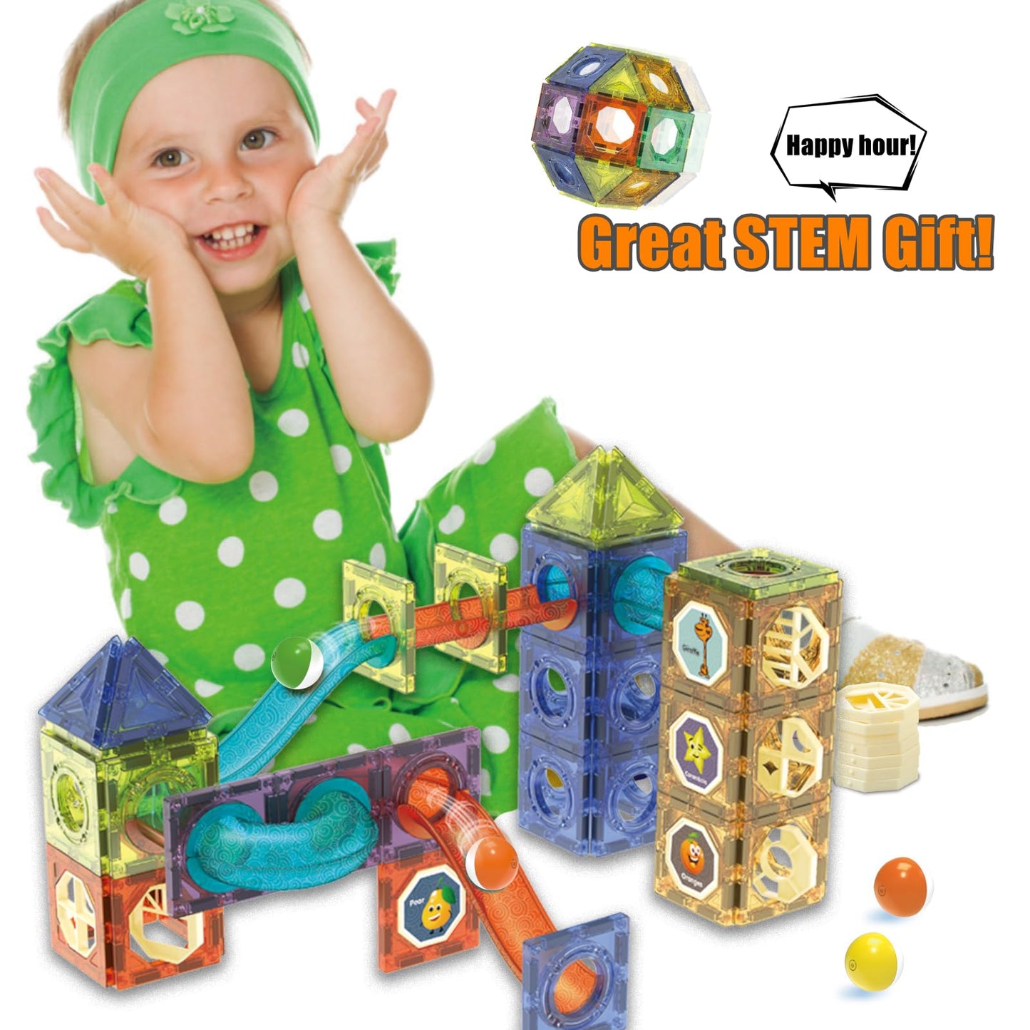 BINZKBB Magnetic Tiles: 144-Piece Marble Run LED STEM Set for Kids 5–12