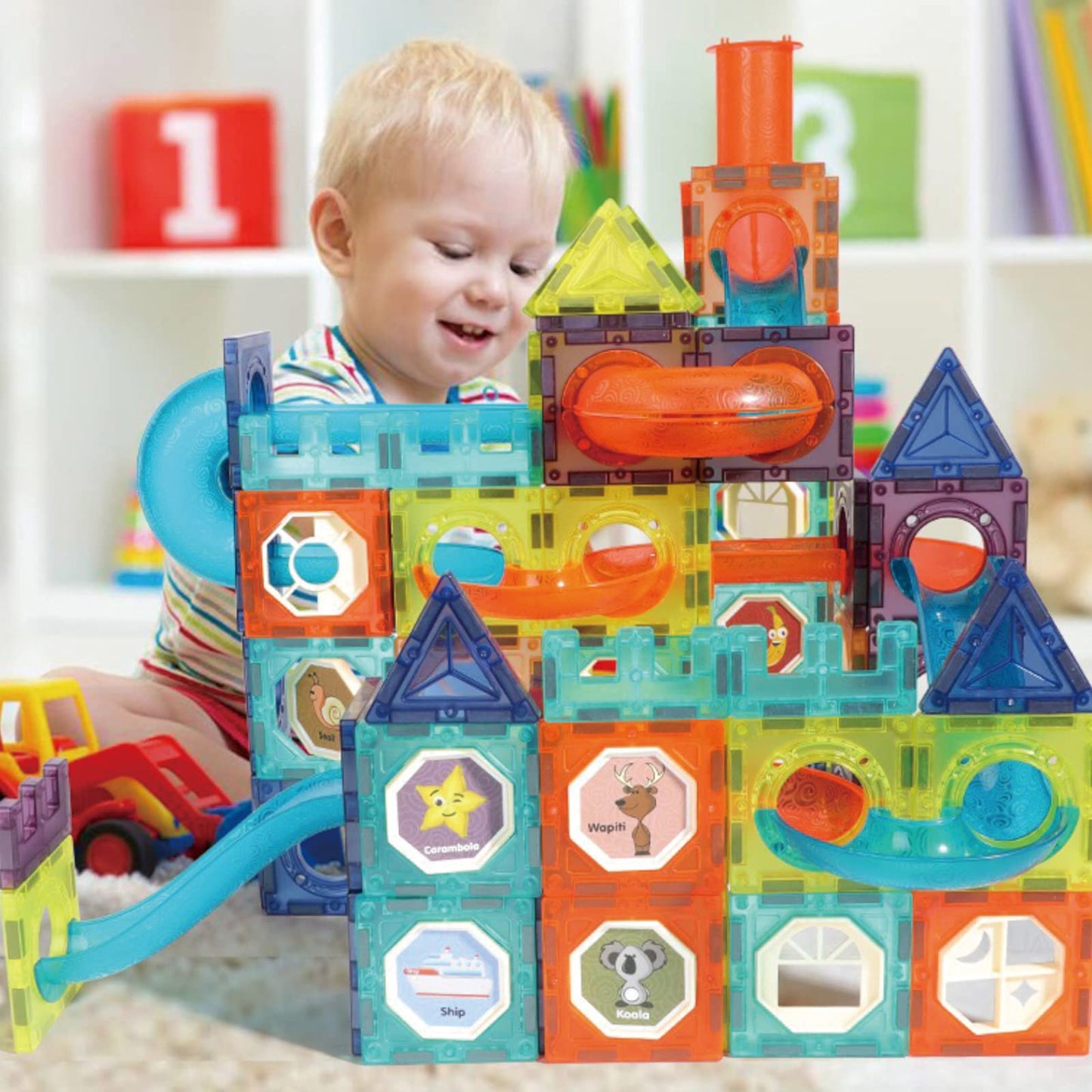 BINZKBB Magnetic Tiles: 144-Piece Marble Run LED STEM Set for Kids 5–12