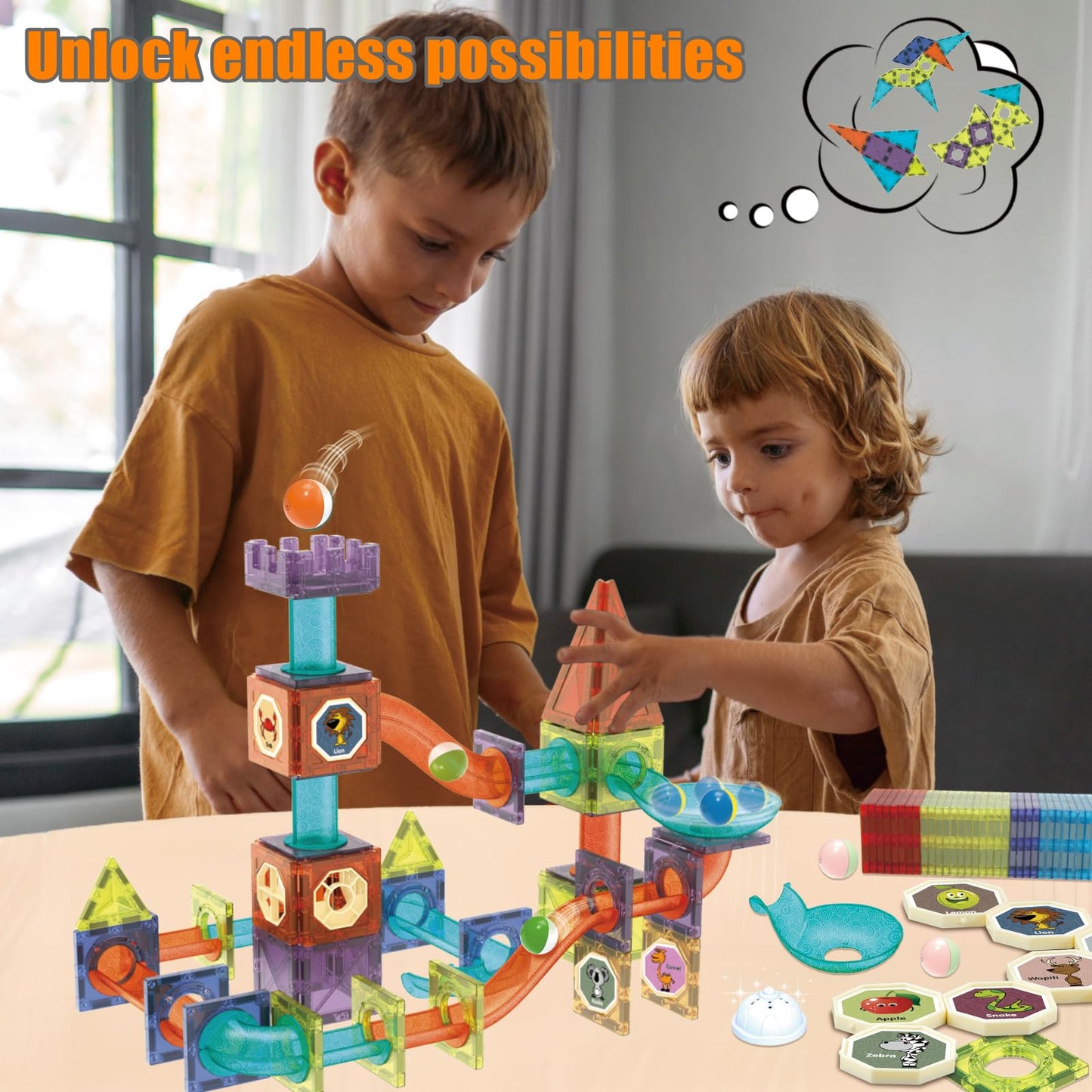 BINZKBB Magnetic Tiles: 144-Piece Marble Run LED STEM Set for Kids 5–12