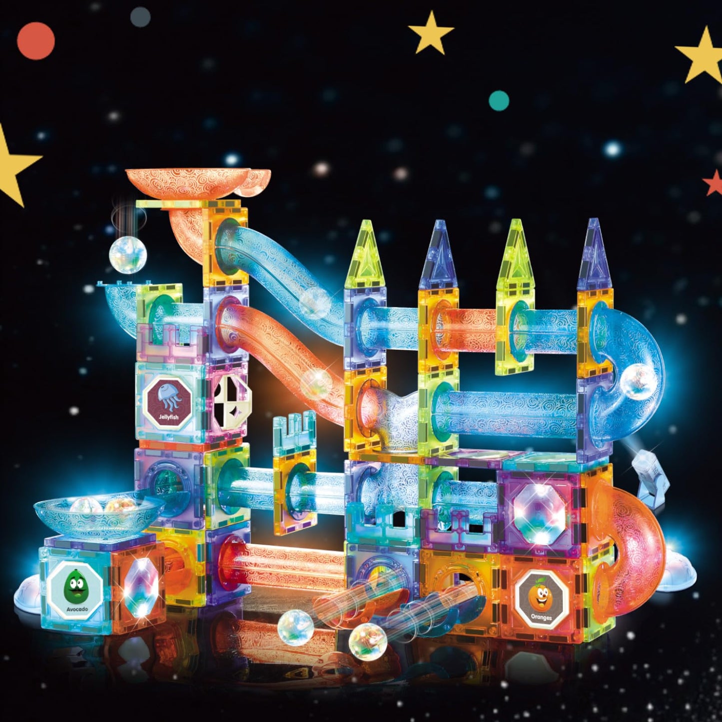 BINZKBB Magnetic Tiles: 144-Piece Marble Run LED STEM Set for Kids 5–12
