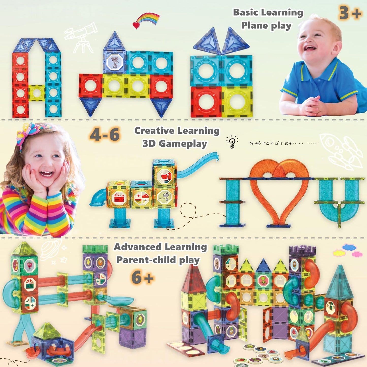 BINZKBB Magnetic Tiles: 144-Piece Marble Run LED STEM Set for Kids 5–12