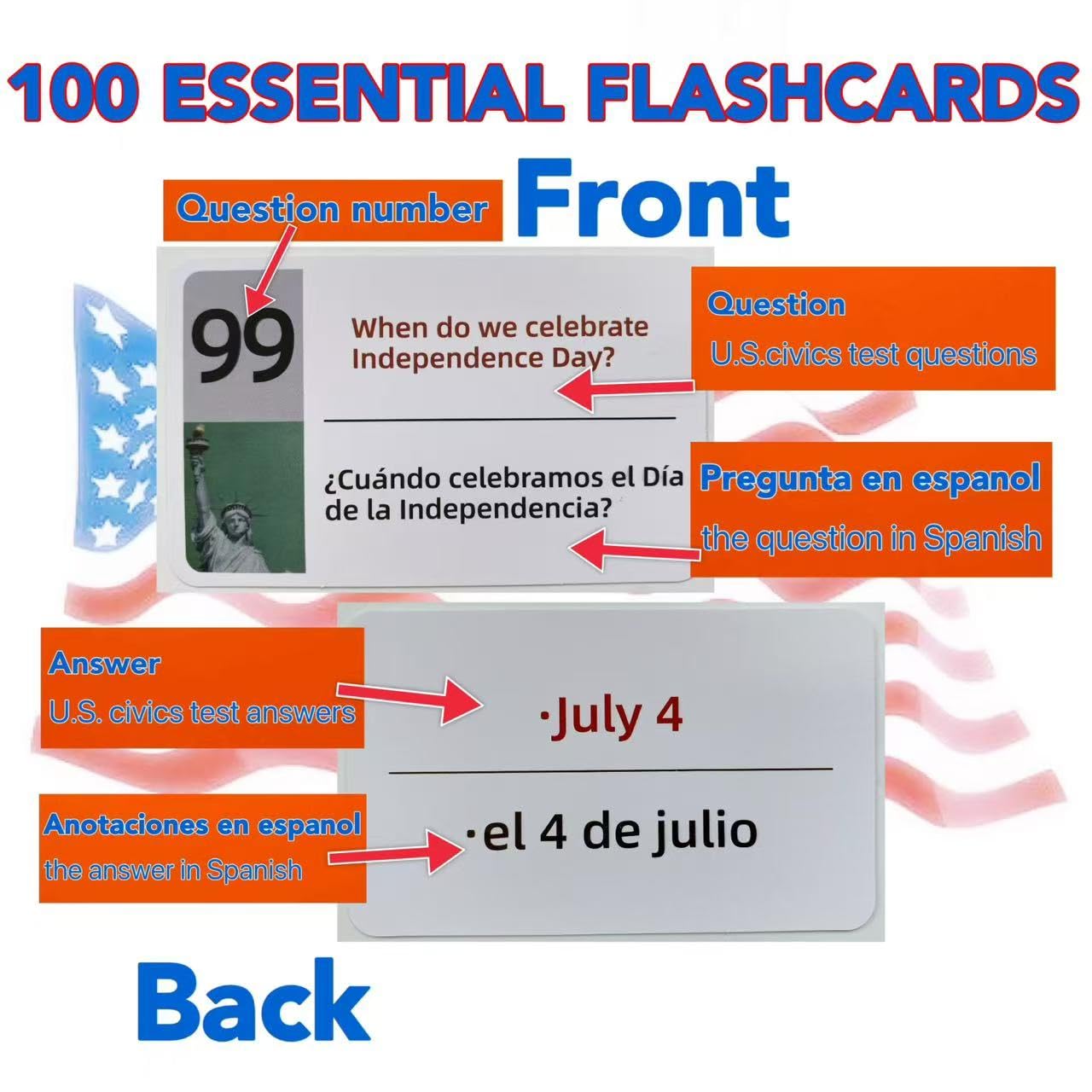 Biodison & Lee US Citizenship Flash Cards 2025 – Bilingual English & Spanish Civics Study Set (100 Questions)